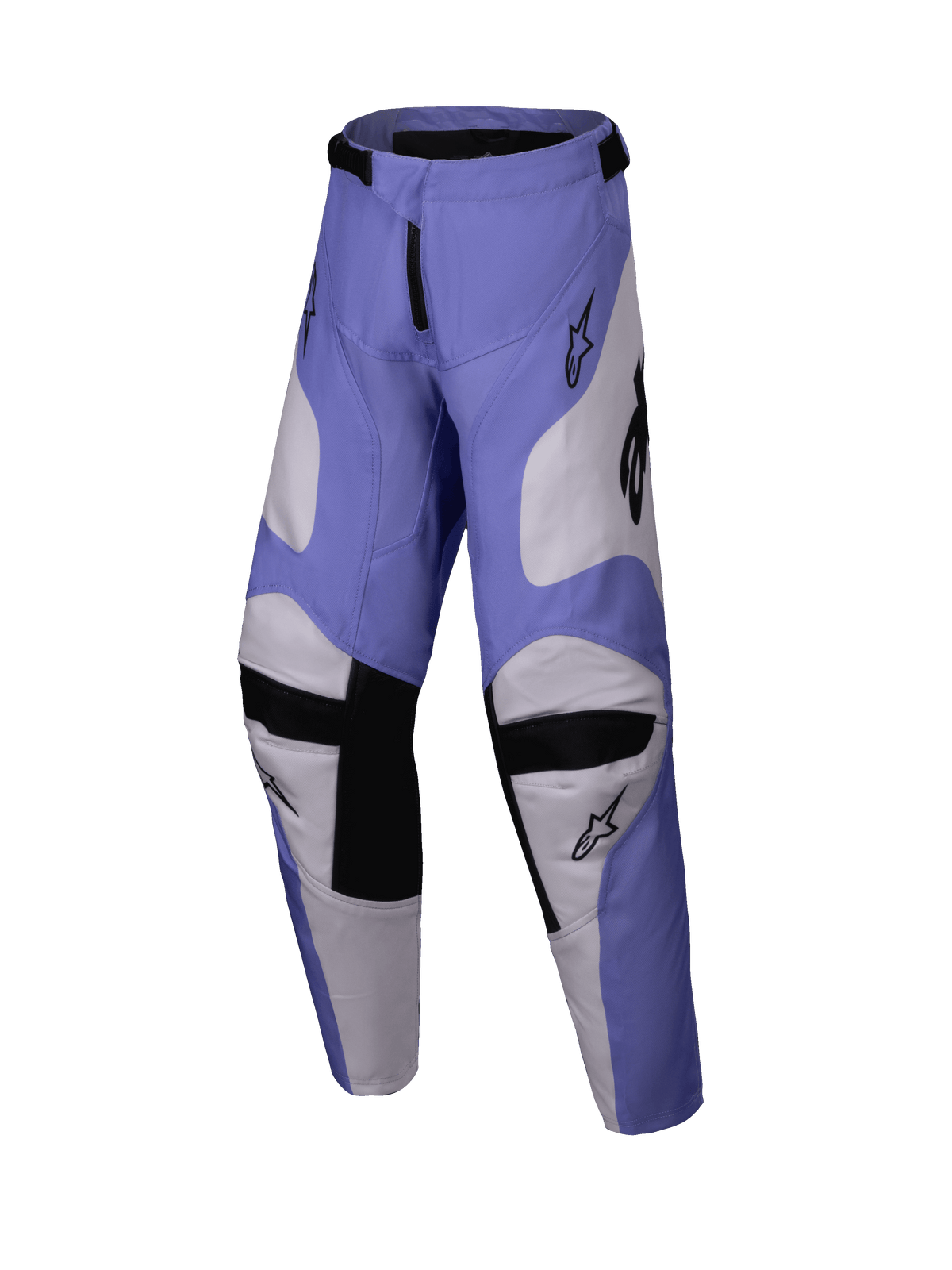 Alpinestars 2025 Youth Racer Veil Pants, Motocross Pants, Purple and White with Black, featuring goat leather inner knee panels and a pre-curved ergonomic design, durable off-road riding gear for youth