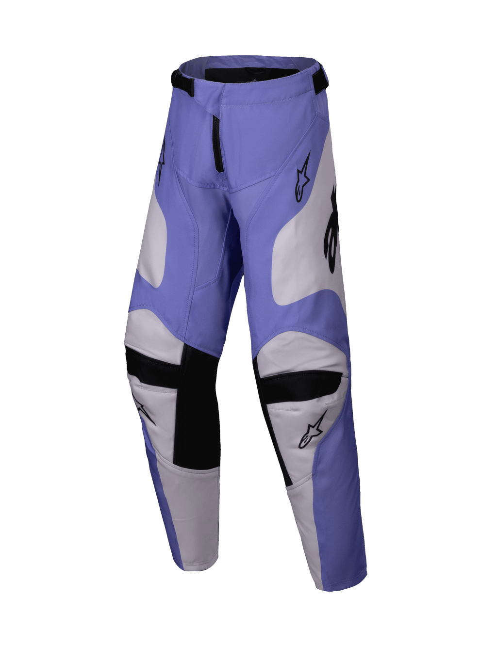 Alpinestars 2025 Youth Racer Veil Pants, pantalones de motocross juveniles, morados y blancos con detalles negros, con paneles internos de las rodillas en piel de cabra y diseño ergonómico precurvado, equipo duradero de conducción off-road para jóvenes