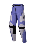 Alpinestars 2025 Youth Racer Veil Pants, pantalones de motocross juveniles, morados y blancos con detalles negros, con paneles internos de las rodillas en piel de cabra y diseño ergonómico precurvado, equipo duradero de conducción off-road para jóvenes