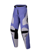 Alpinestars 2025 Youth Racer Veil Pants, pantalones de motocross juveniles, morados y blancos con detalles negros, con paneles internos de las rodillas en piel de cabra y diseño ergonómico precurvado, equipo duradero de conducción off-road para jóvenes