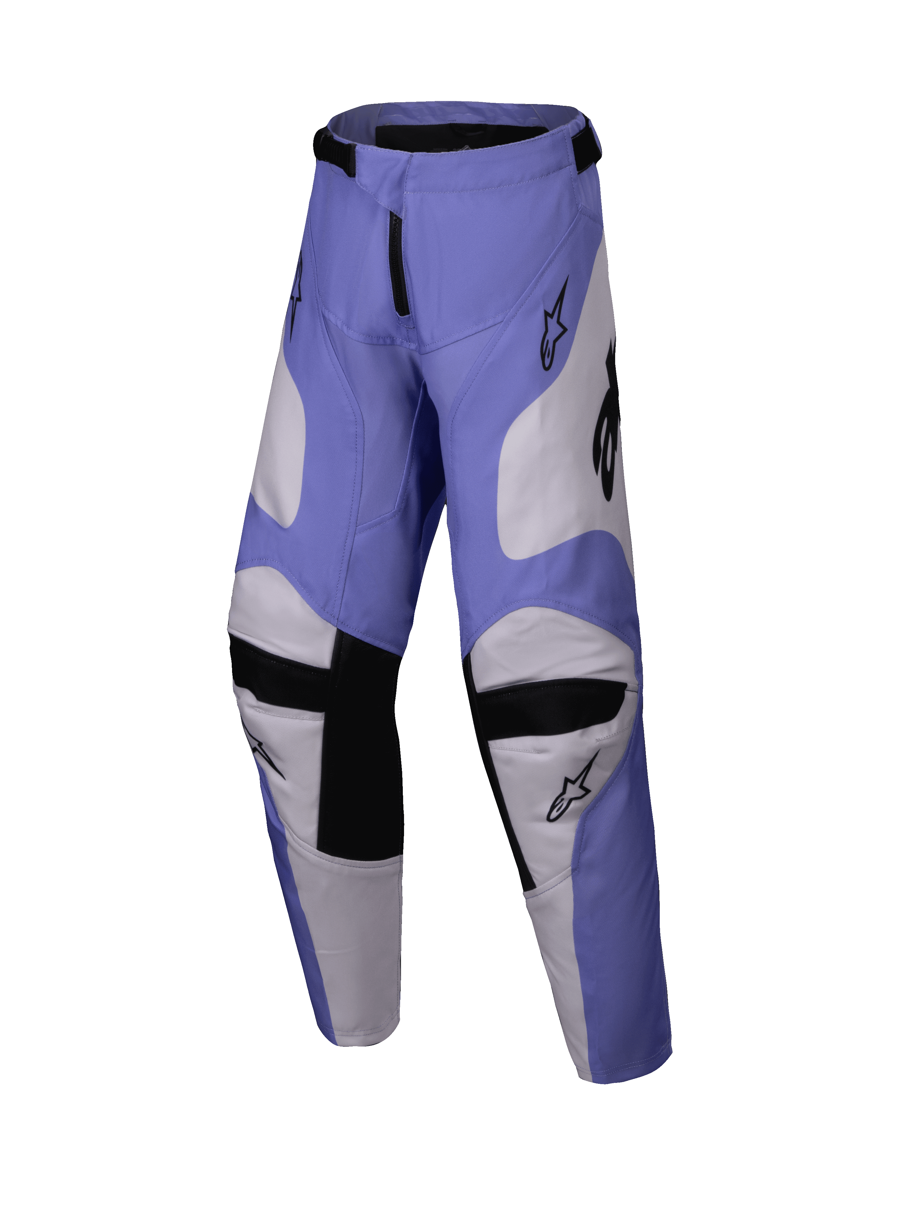 Alpinestars 2025 Youth Racer Veil Pants, pantalones de motocross juveniles, morados y blancos con detalles negros, con paneles internos de las rodillas en piel de cabra y diseño ergonómico precurvado, equipo duradero de conducción off-road para jóvenes