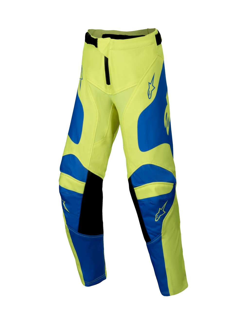 Alpinestars 2025 Youth Racer Veil Pants, pantalones de motocross juveniles, amarillo neón y azul con detalles negros, con logotipos de estrellas en los muslos y las rodillas, diseño ergonómico precurvado para carreras todoterreno