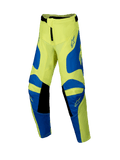 Alpinestars 2025 Youth Racer Veil Pants, pantalones de motocross juveniles, amarillo neón y azul con detalles negros, con logotipos de estrellas en los muslos y las rodillas, diseño ergonómico precurvado para carreras todoterreno
