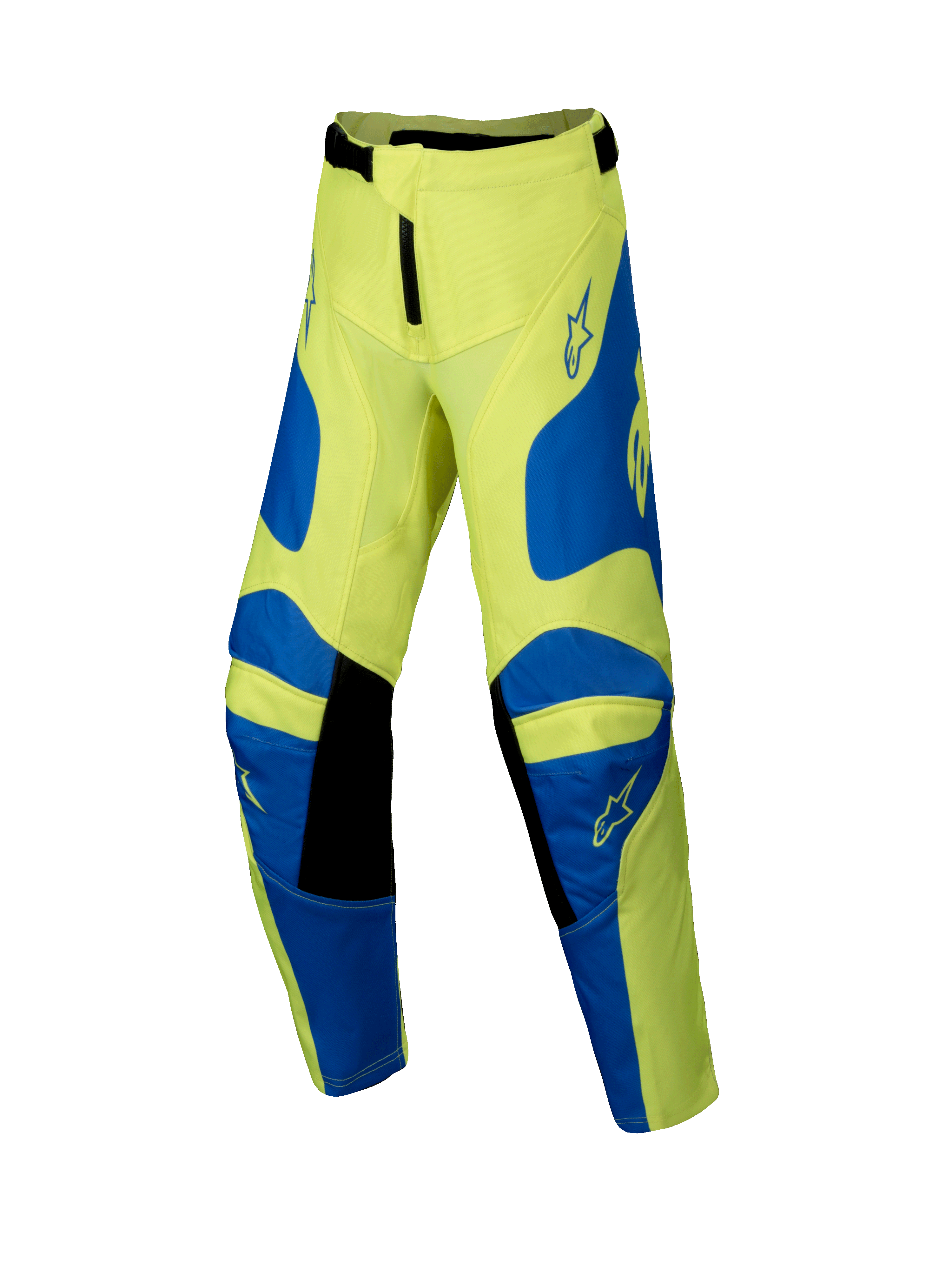 Alpinestars 2025 Youth Racer Veil Pants, pantalones de motocross juveniles, amarillo neón y azul con detalles negros, con logotipos de estrellas en los muslos y las rodillas, diseño ergonómico precurvado para carreras todoterreno