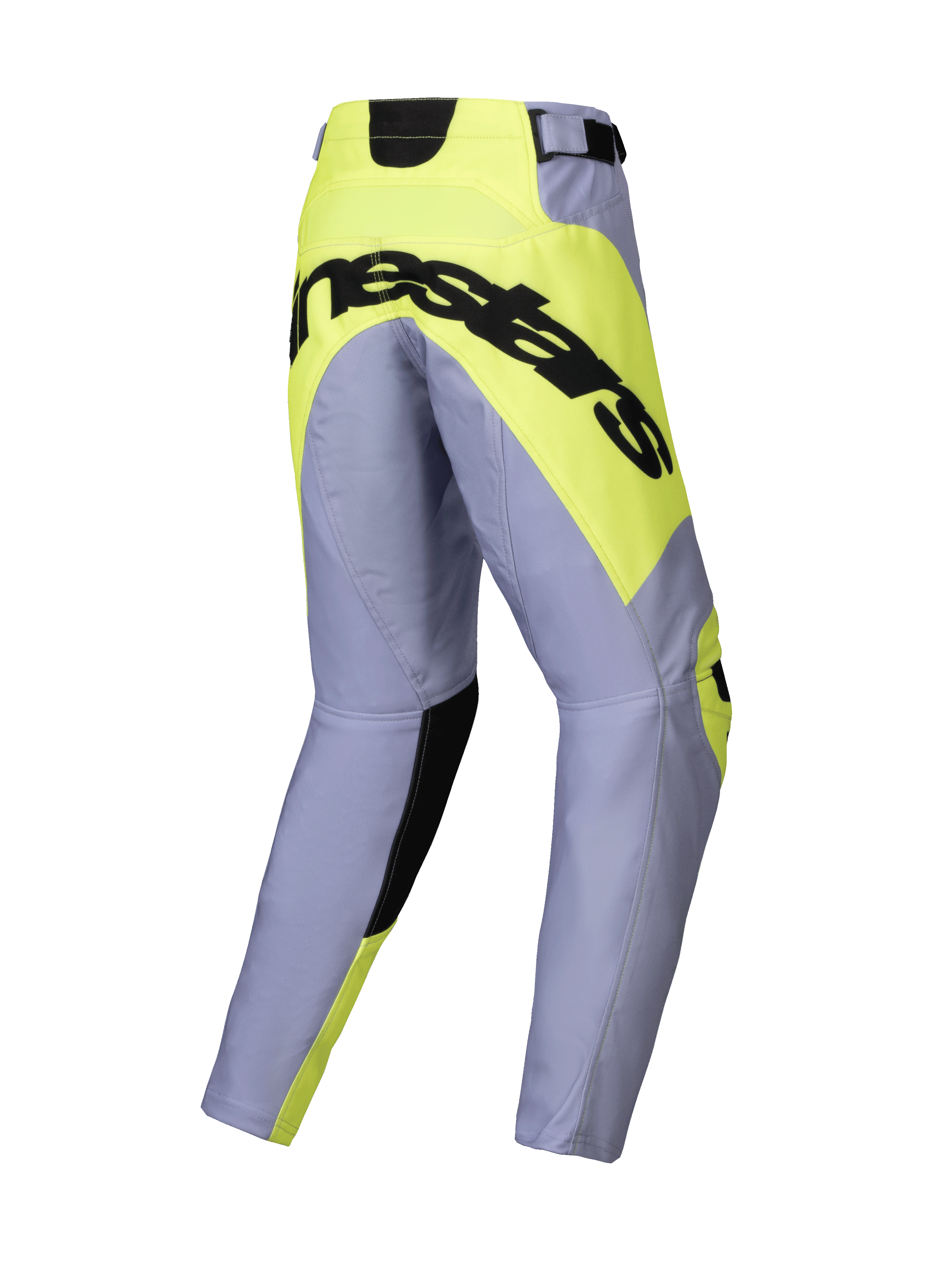 Alpinestars 2025 Youth Racer Veil Pants, pantalones de motocross juveniles, gris y amarillo flúor, vista posterior con el logotipo negro de Alpinestars en un panel amarillo neón, construcción de pierna precurvada para carreras off-road