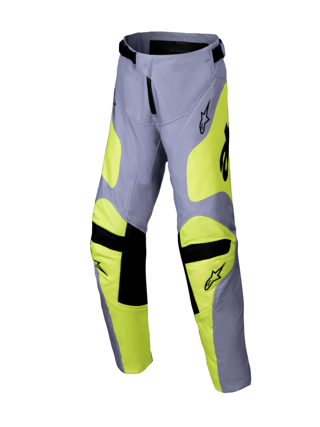 Alpinestars 2025 Youth Racer Veil Pants, pantalones de motocross juveniles, gris y amarillo flúor, detalles negros en las rodillas y la cintura, diseño deportivo con piernas precurvadas y logotipos, equipamiento duradero para carreras off-road