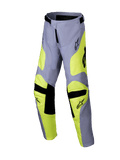Alpinestars 2025 Youth Racer Veil Pants, pantalones de motocross juveniles, gris y amarillo flúor, detalles negros en las rodillas y la cintura, diseño deportivo con piernas precurvadas y logotipos, equipamiento duradero para carreras off-road