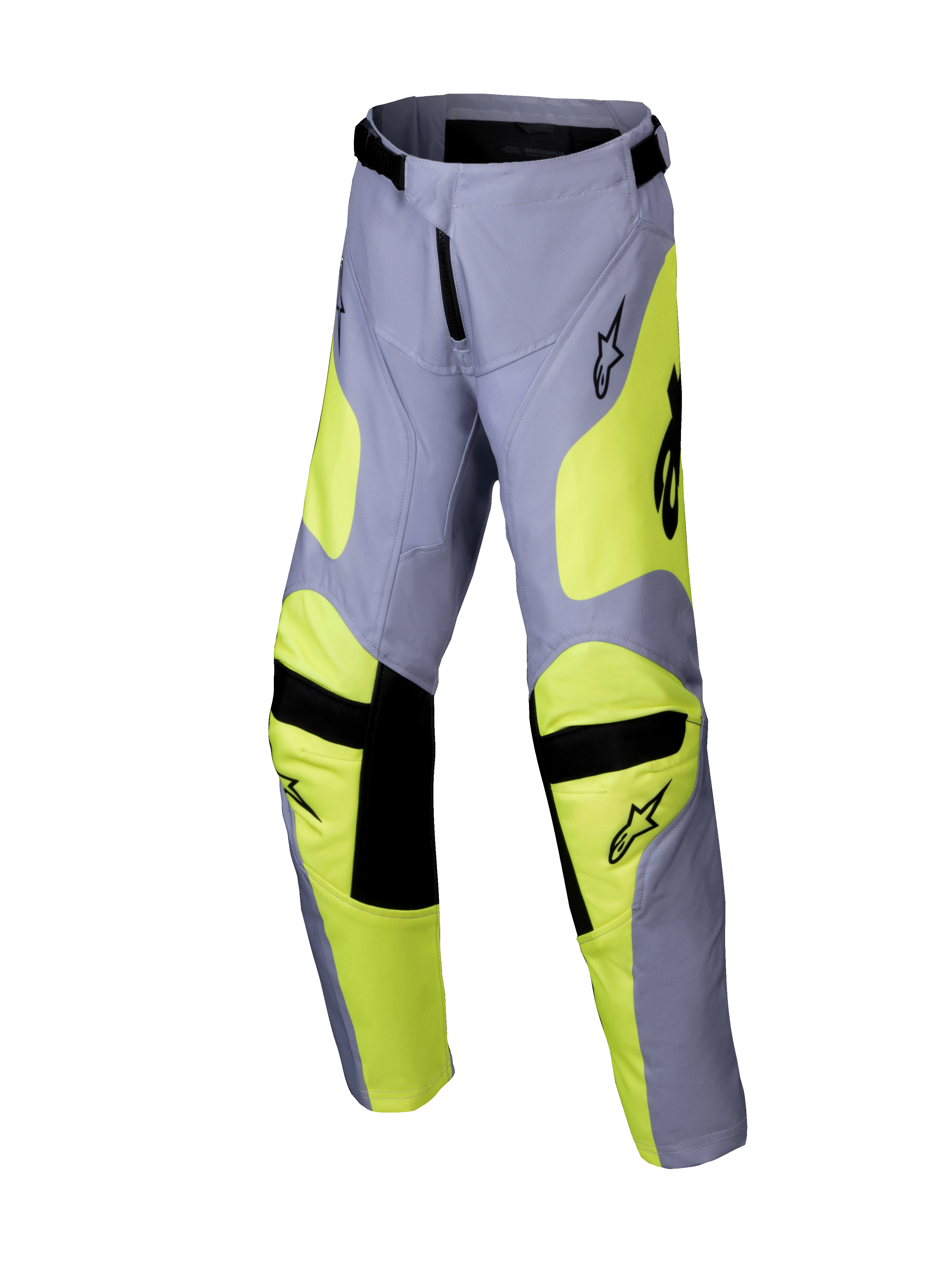 Alpinestars 2025 Youth Racer Veil Pants, pantalones de motocross juveniles, gris y amarillo flúor, detalles negros en las rodillas y la cintura, diseño deportivo con piernas precurvadas y logotipos, equipamiento duradero para carreras off-road