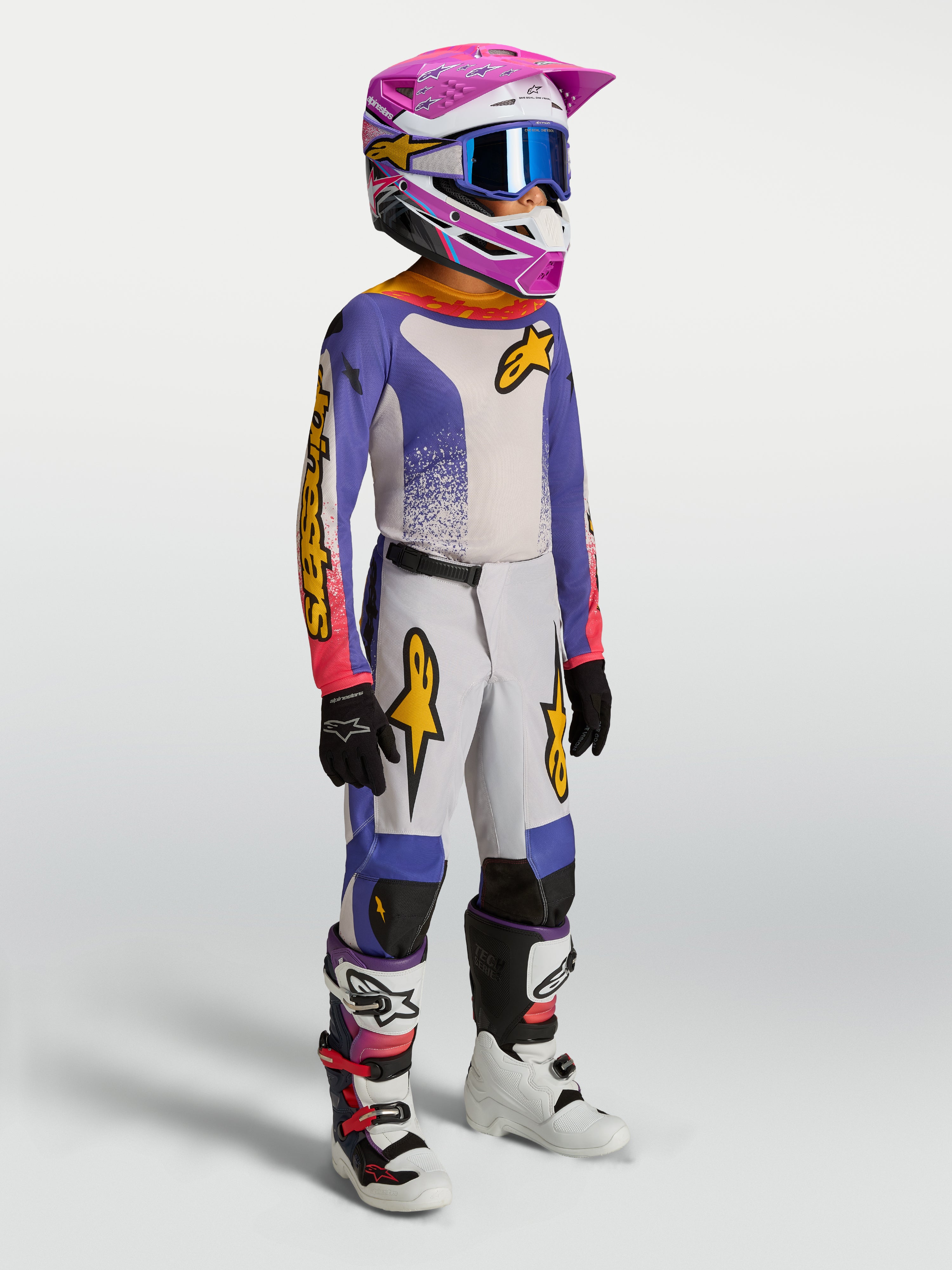 Alpinestars pantalones Fluid Drag Juvenil, equipo de motocross azul y dorado con ajuste ergonómico y tejido duradero.