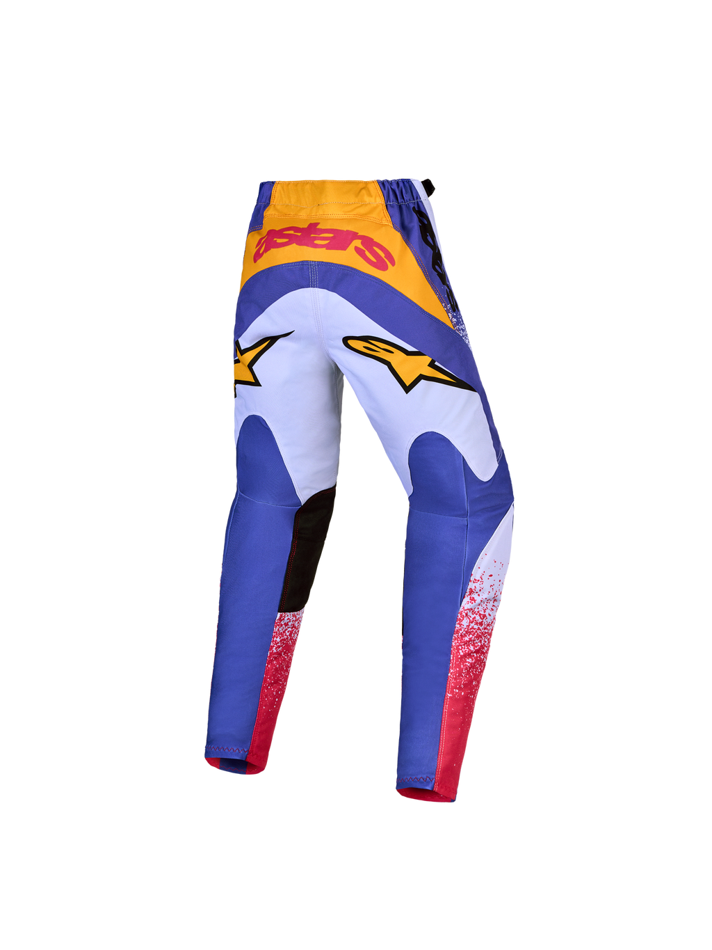 Pantalones Alpinestars Fluid Drag Juvenil 2027 en azul y dorado, con diseño precurvado ergonómico para motocross juvenil.