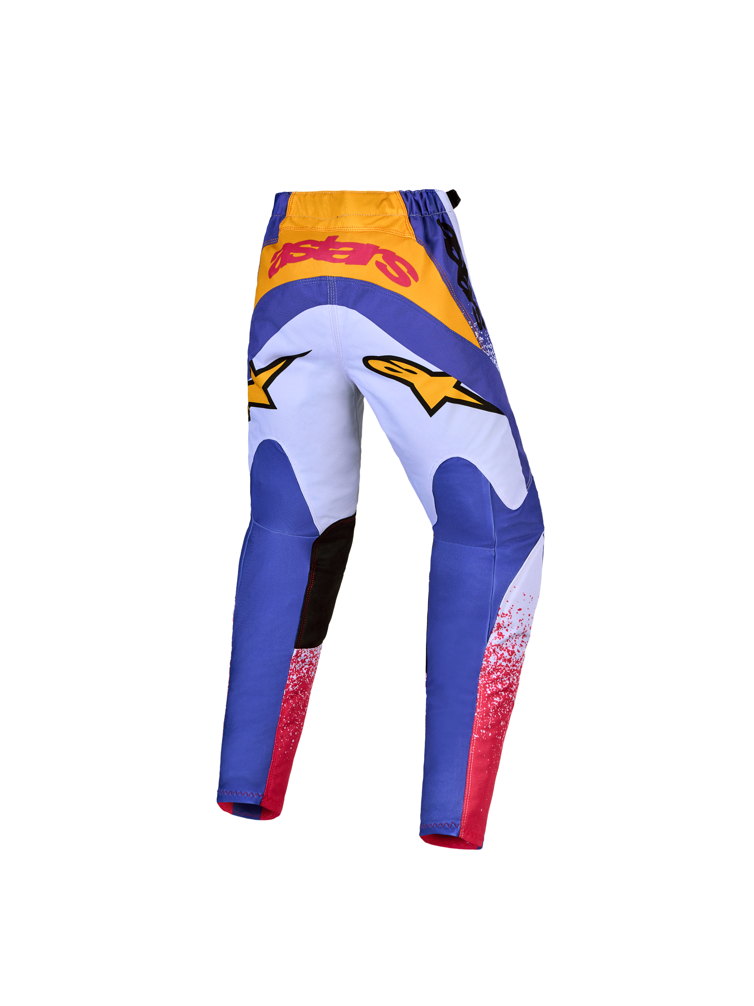 Pantalones Alpinestars Fluid Drag Juvenil 2027 en azul y dorado, con diseño precurvado ergonómico para motocross juvenil.