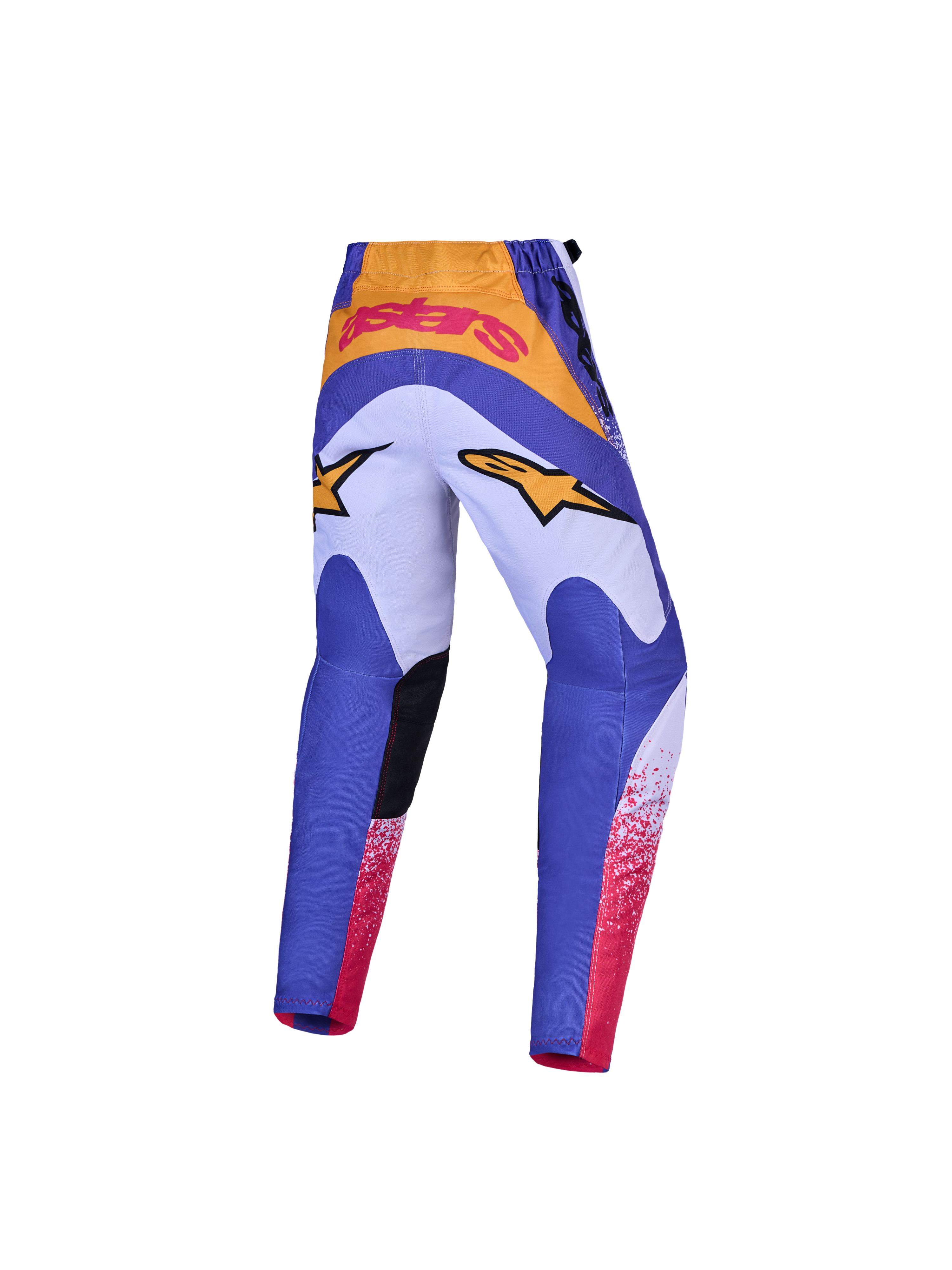 Alpinestars pantalones Fluid Drag Juvenil, pantalones de motocross azules y lila con detalles dorados y asiento reforzado