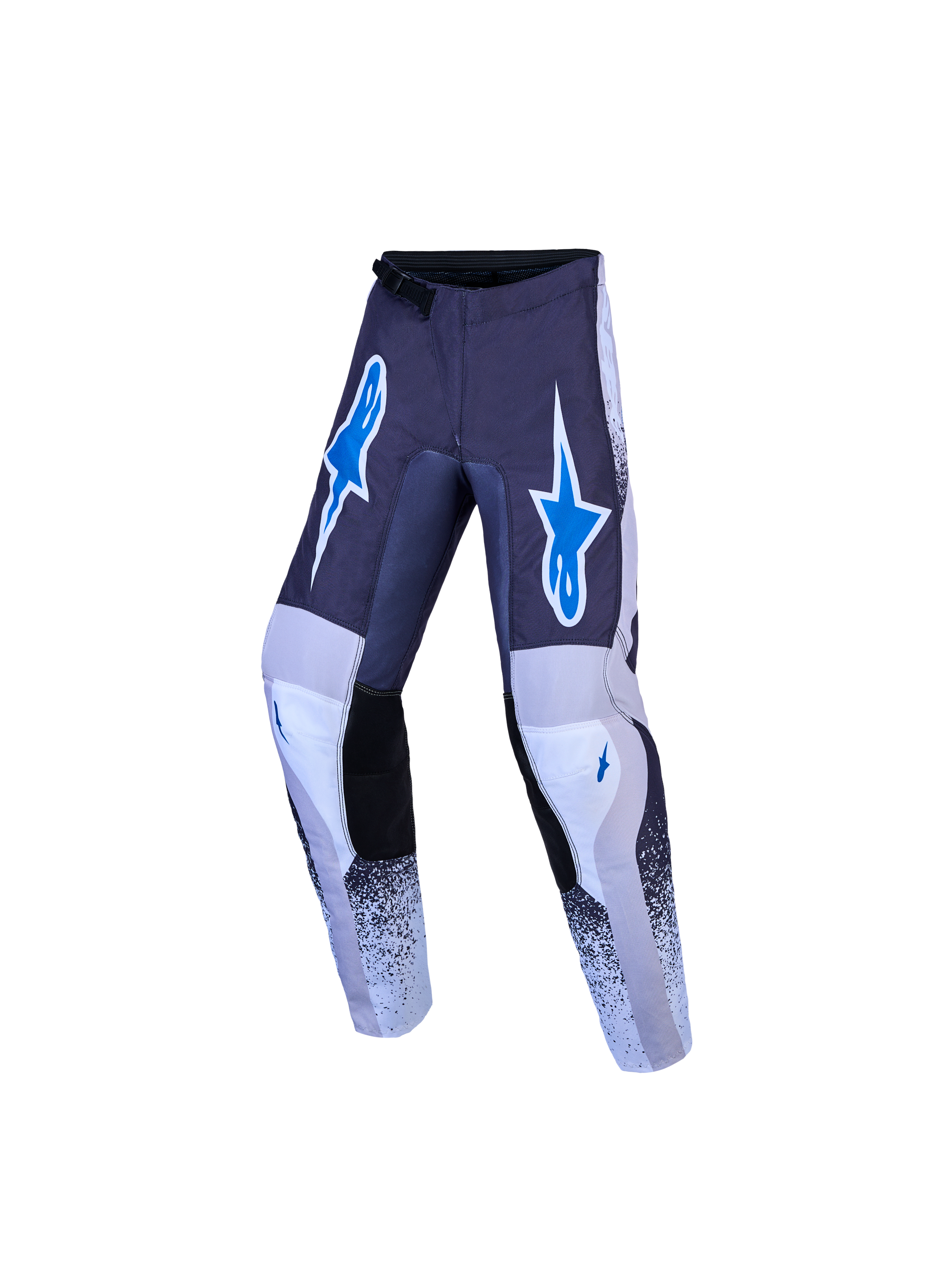 Alpinestars Pantalones Fluid Drag Juvenil, pantalones de motocross, gris, lila y azul, con piernas precurvadas y ajuste ergonómico