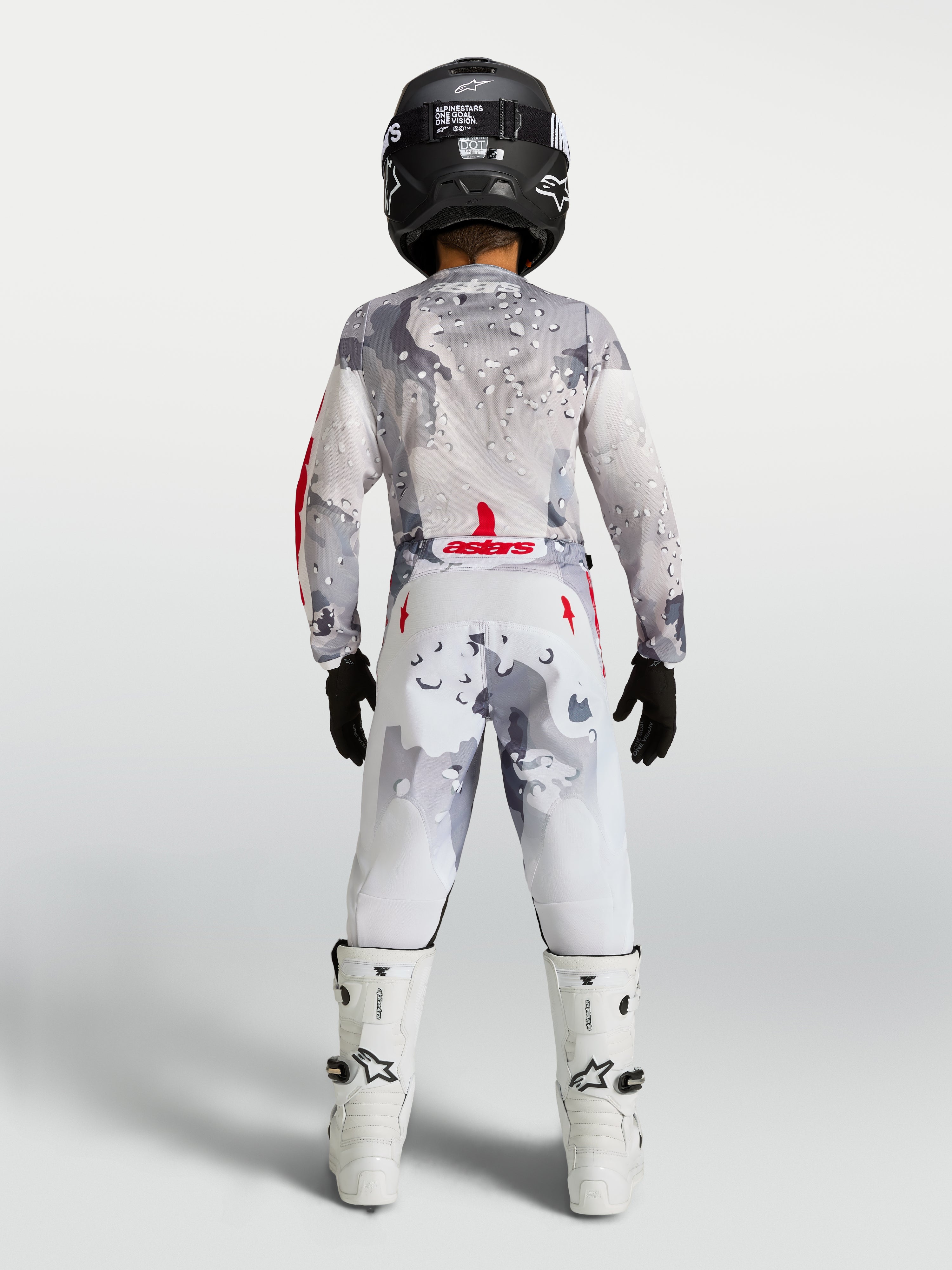 Alpinestars Pantalones Fluid Lone Juvenil, equipo de motocross para jóvenes pilotos, vista trasera, color gris camuflaje y blanco, diseño ergonómico para carreras off-road