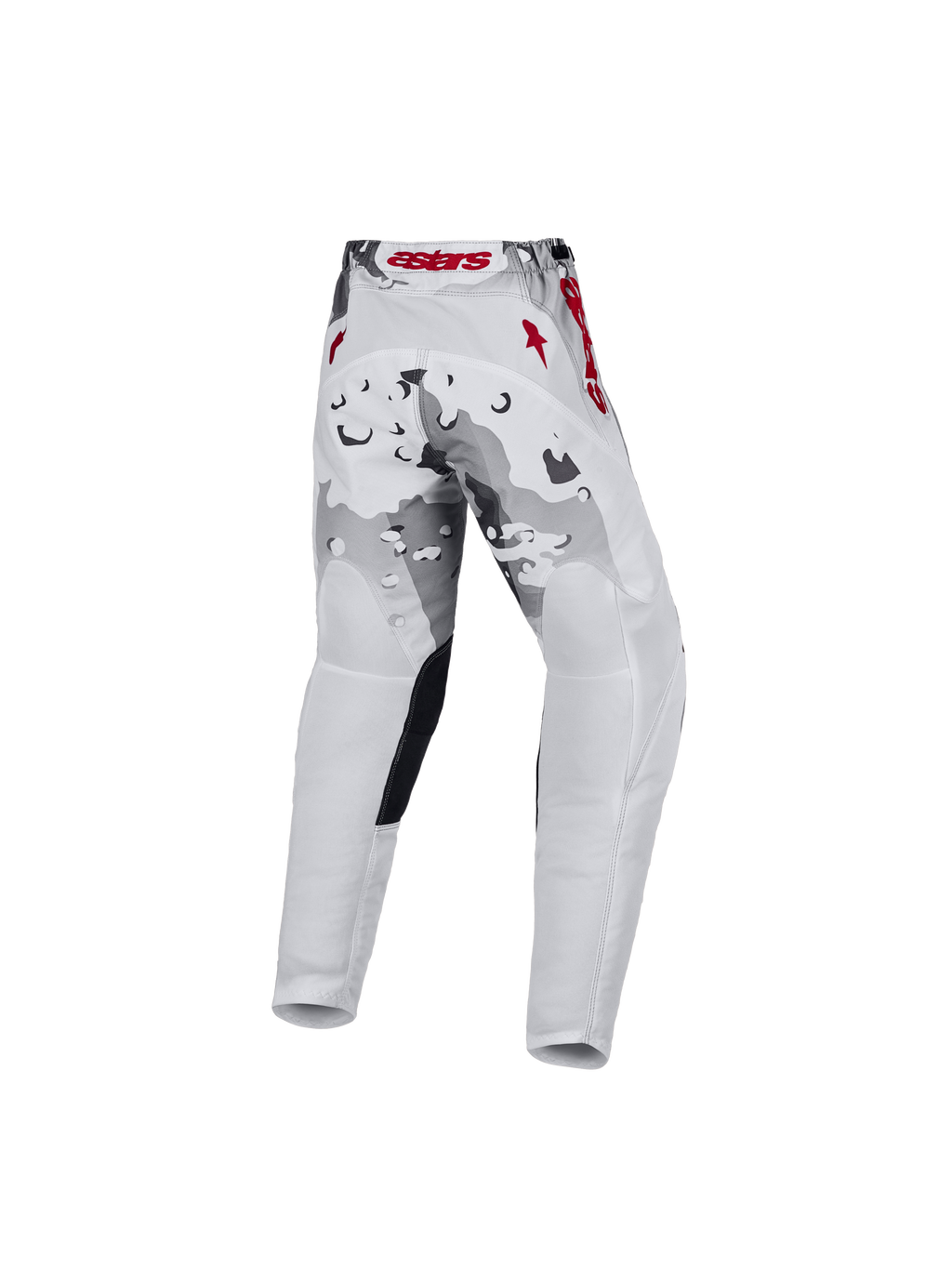 Alpinestars pantalones Fluid Lone juvenil 2027 para motocross, en blanco y gris camuflaje con detalles rojos, vista trasera.