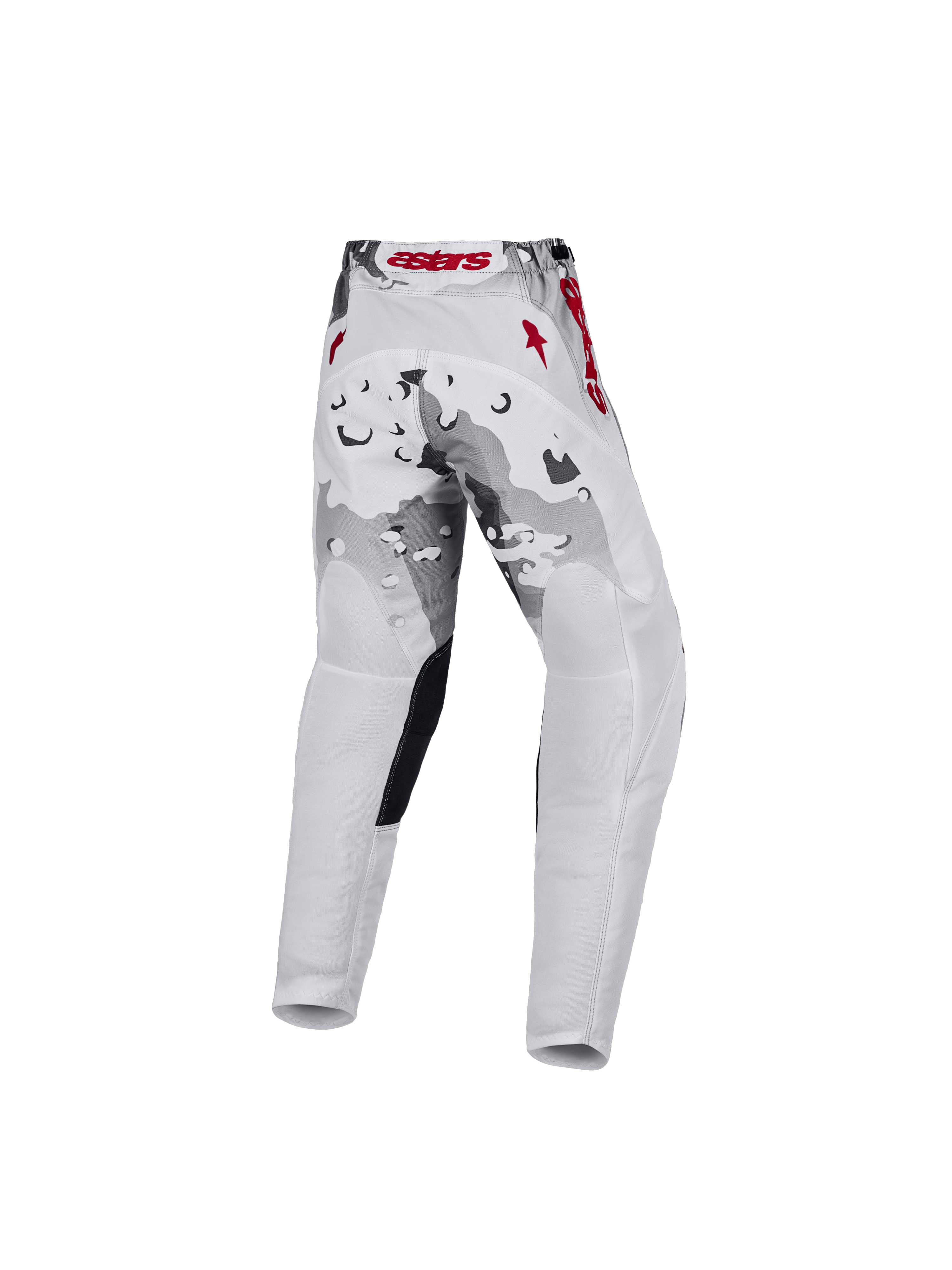 Alpinestars pantalones Fluid Lone juvenil 2027 para motocross, en blanco y gris camuflaje con detalles rojos, vista trasera.