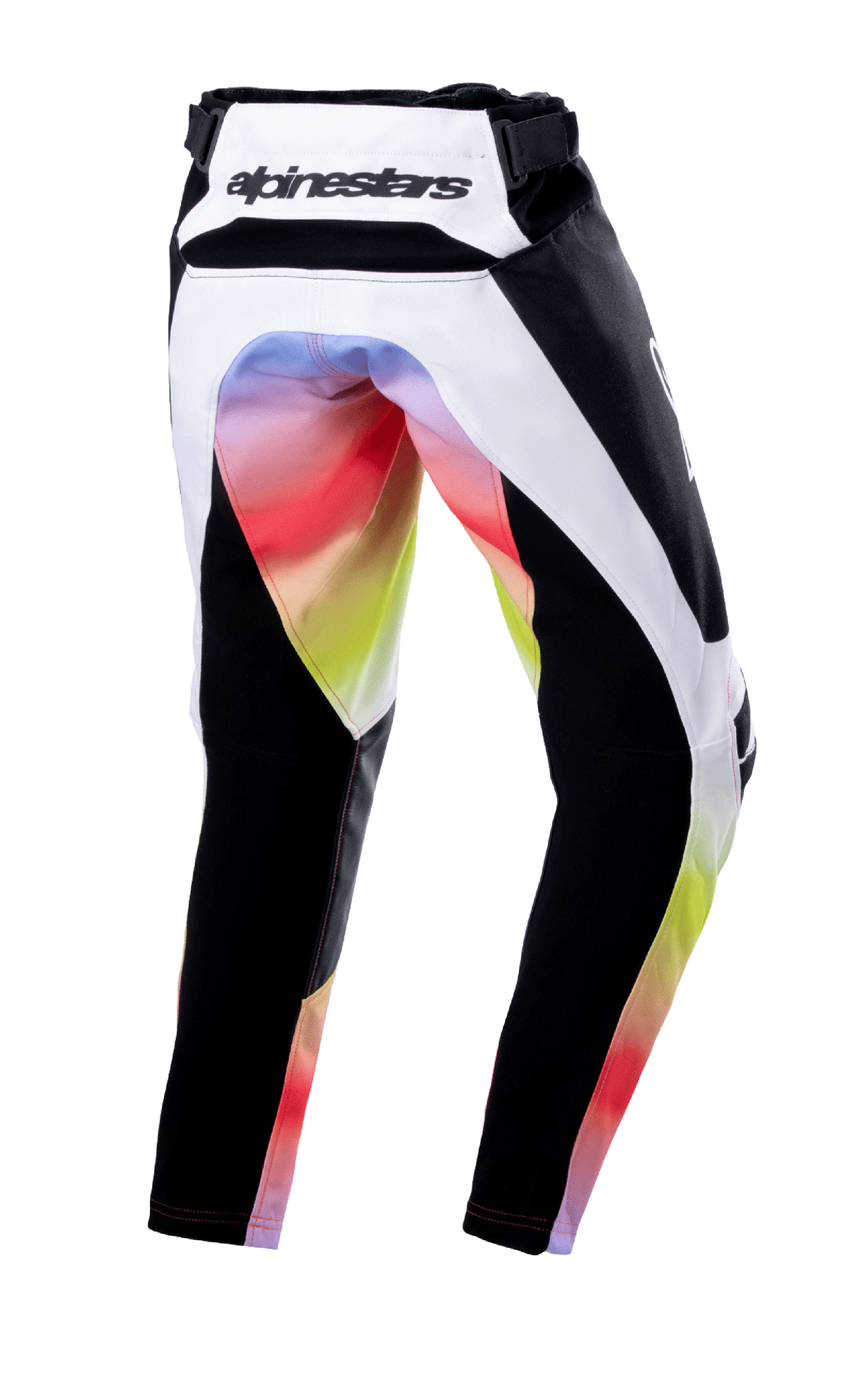 Alpinestars Youth 2023 Racer Semi Pants, pantalones de motocross juveniles, negro multicolor, vista trasera con paneles blancos y negros y un degradado de colores vibrantes en el asiento y la parte interna de las piernas, logotipo de Alpinestars en la cintura trasera, diseño duradero para carreras todoterreno.