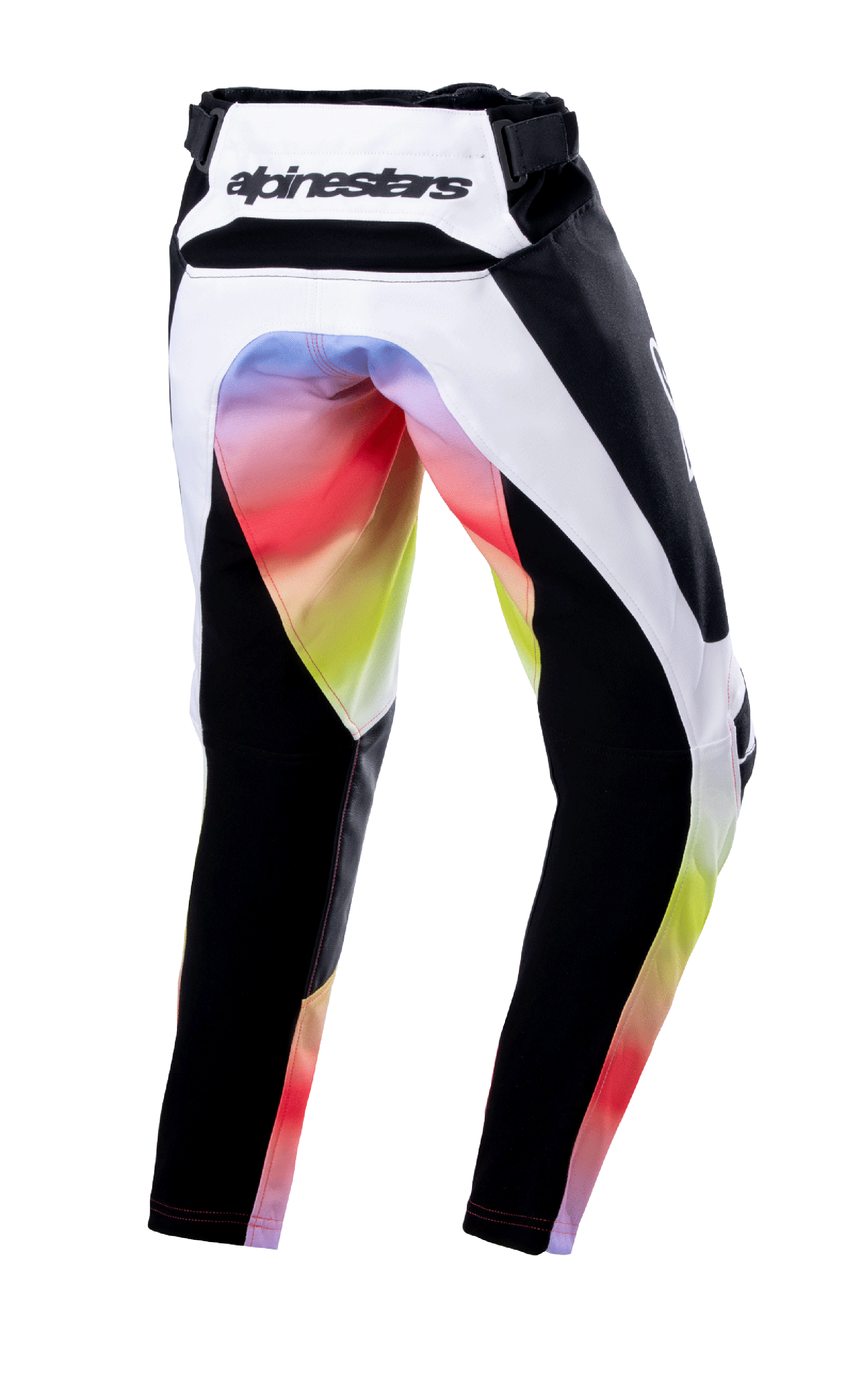Alpinestars Youth 2023 Racer Semi Pants, Motocross Pants, Black Multicolor, rear view featuring white and black panels with a vibrant color gradient on the seat and inner legs, Alpinestars logo on the back waistband, durable off-road racing design.