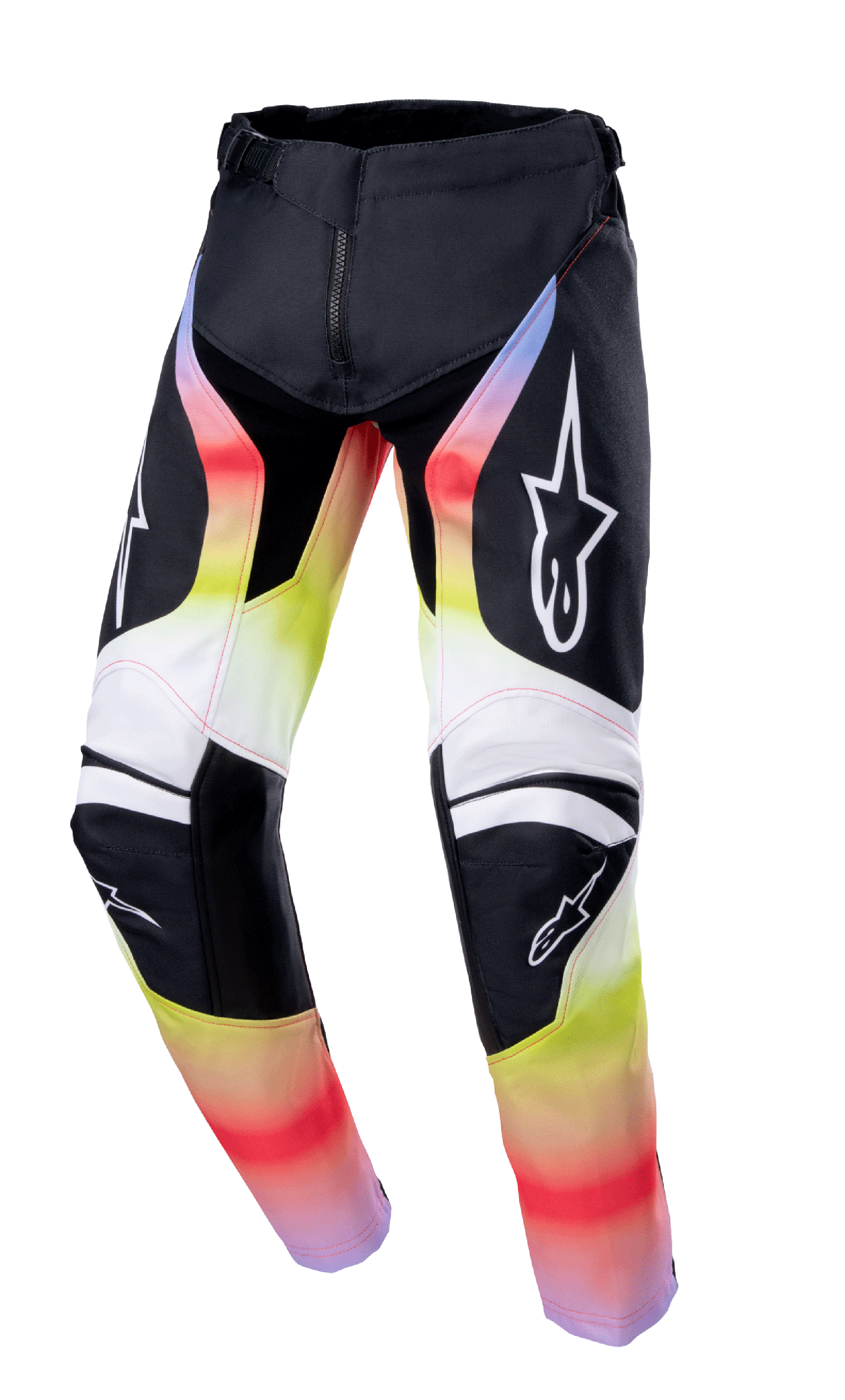 Alpinestars 2023 Youth Racer Semi Pants, pantalones de motocross juveniles, negro con degradado rojo, amarillo y blanco, logos de estrella en muslos y rodillas, diseño técnico con protección reforzada en las rodillas