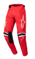 Alpinestars 2023 Youth Racer Narin Pants, Motocross Pants, Mars Red and White, featuring white star logos on thighs, black knee reinforcement panels with white stripes, adjustable waist straps, durable off-road racing design