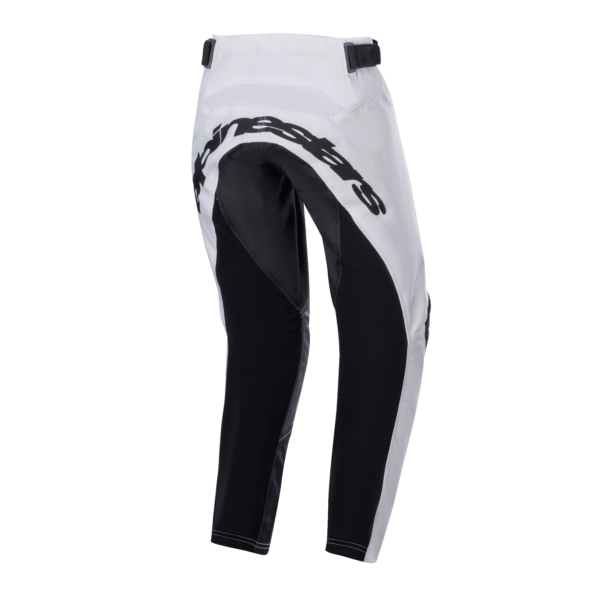 Alpinestars 2024 Youth Racer Lucent Pants, Motocross Pants, White and Black, rear view showing large black reinforced panels on the seat and inner legs, Alpinestars wordmark across the back, and adjustable waist straps for off-road riding.