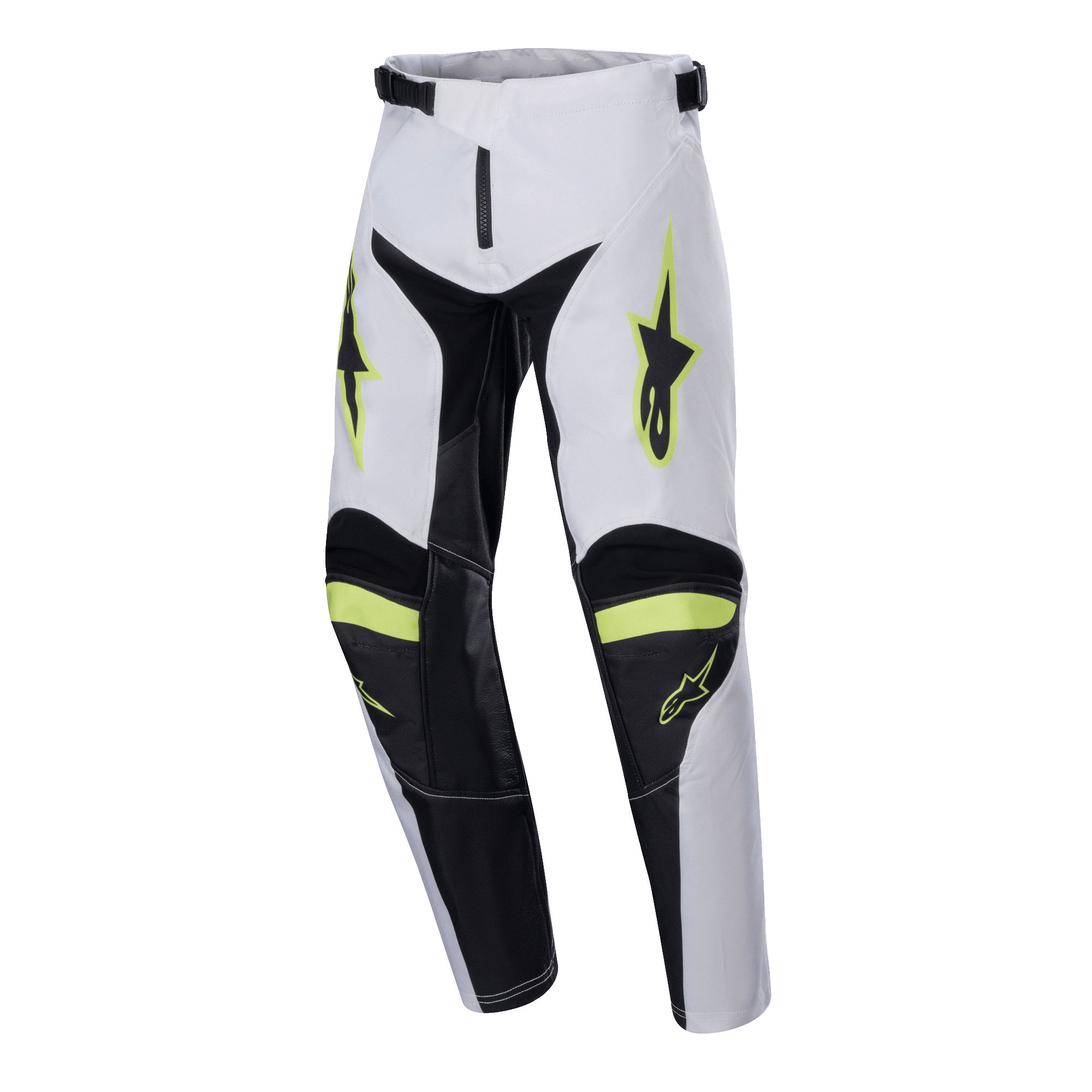 Alpinestars Youth 2024 Racer Lucent Pants, Motocross Pants, White Black and Yellow Fluo, star logos on thighs, black panels on inner legs and knees, sporty pre-curved design for motocross performance