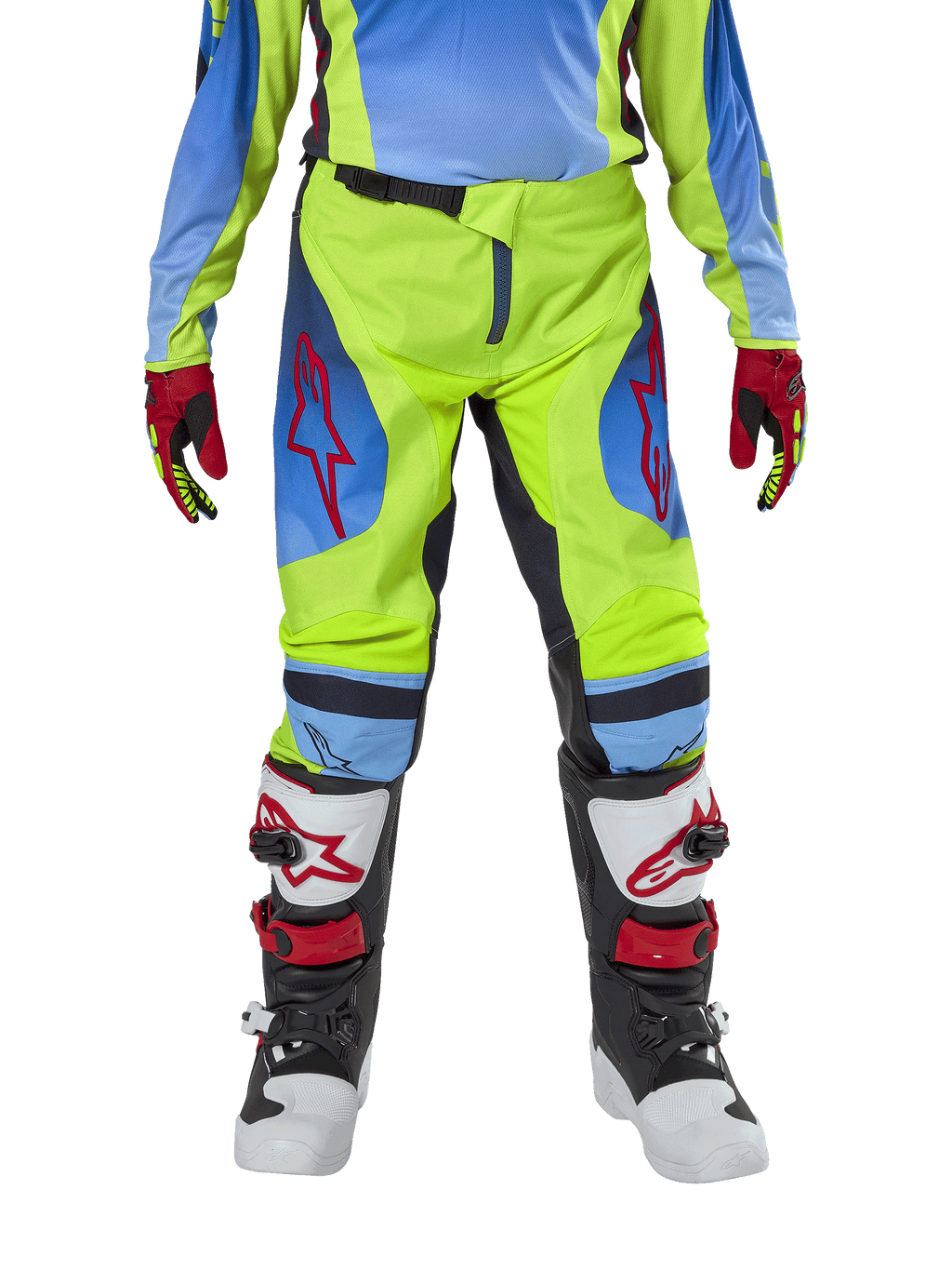 Alpinestars Pantalones Racer Hoen Juveniles 2024, pantalones de motocross, amarillo flúor y azul Night Navy, con logotipos de estrella roja en los muslos, combinados con jersey a juego, guantes rojos y negros, y botas de motocross blancas, negras y rojas, equipo resistente para conducción off-road