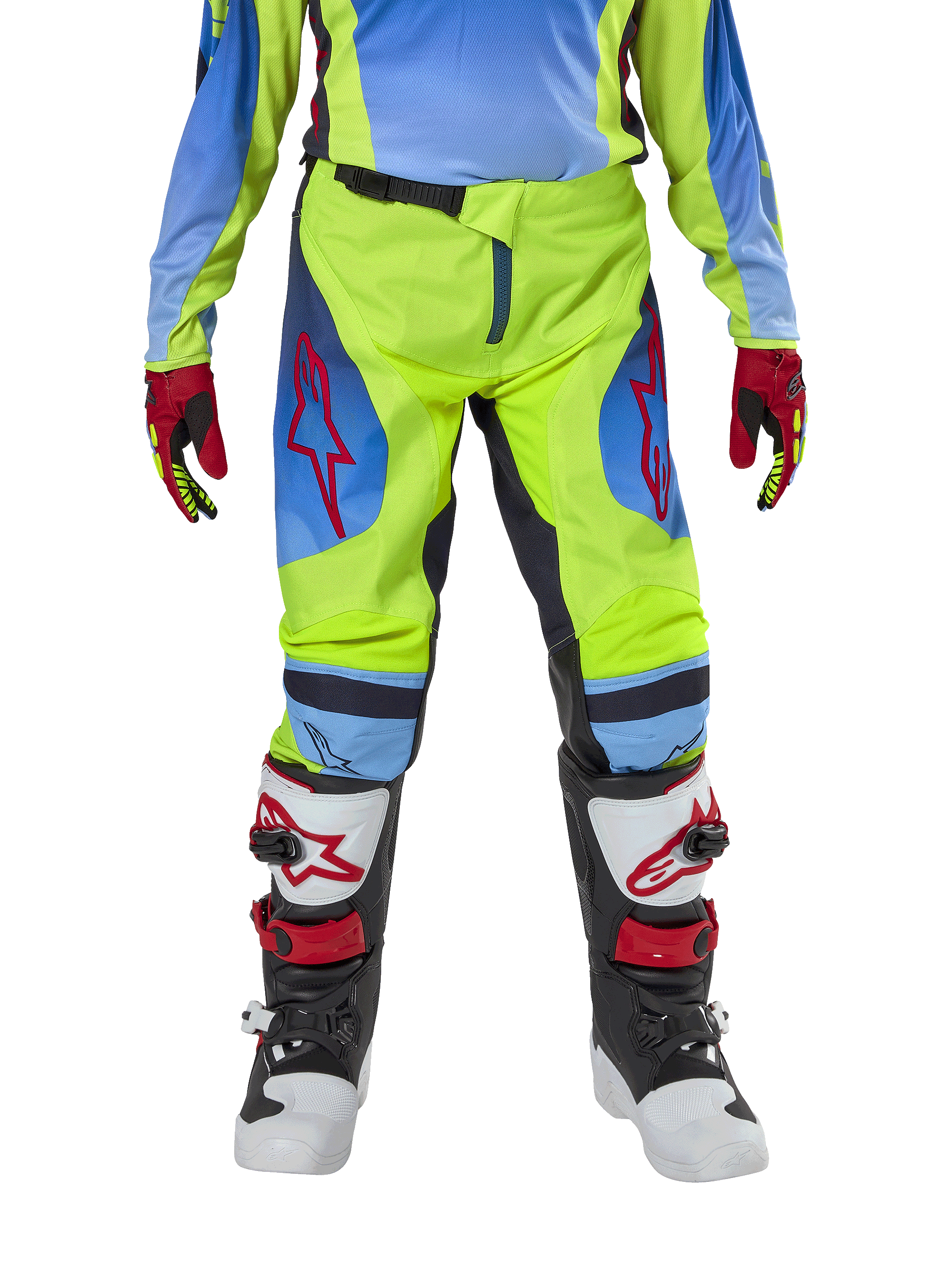 Alpinestars Pantalones Racer Hoen Juveniles 2024, pantalones de motocross, amarillo flúor y azul Night Navy, con logotipos de estrella roja en los muslos, combinados con jersey a juego, guantes rojos y negros, y botas de motocross blancas, negras y rojas, equipo resistente para conducción off-road