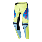 Alpinestars 2024 Youth Racer Hoen Pants, pantalones de motocross juveniles, amarillo flúor y azul noche, con logos de estrella Alpinestars en rojo, paneles azul marino y rodillas reforzadas en negro, diseño deportivo para carreras todoterreno