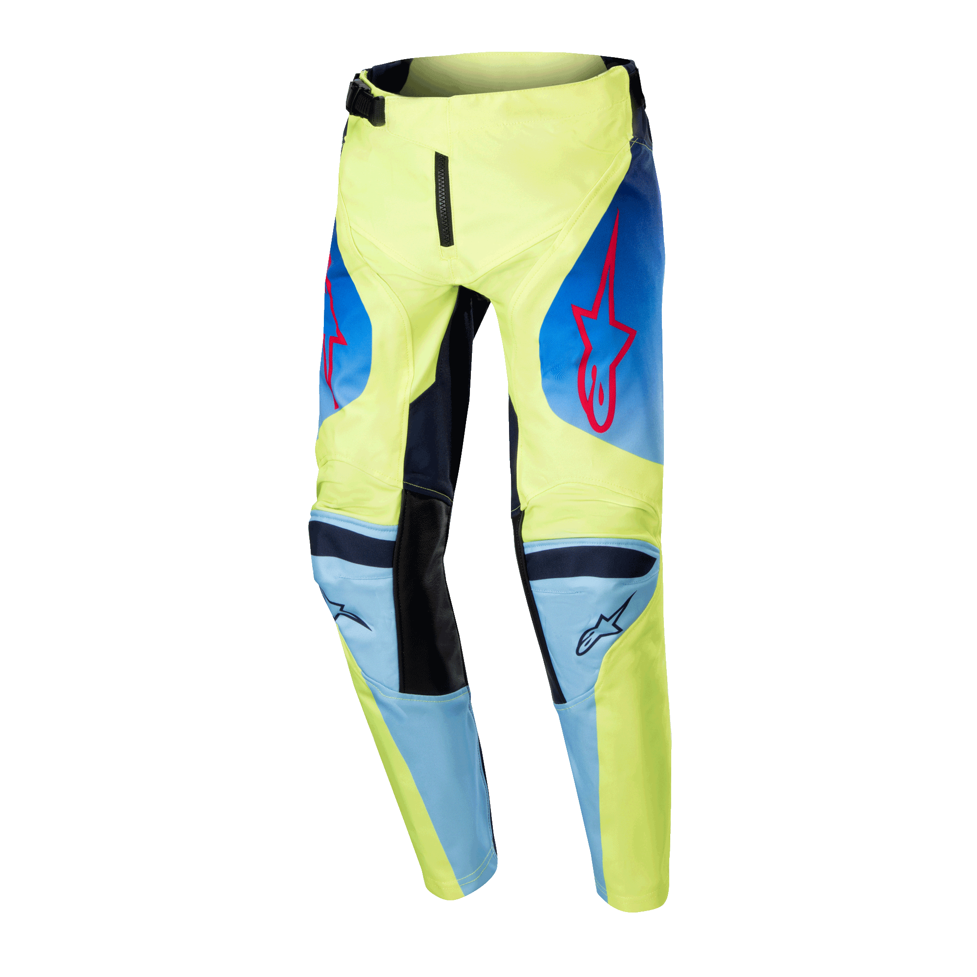 Alpinestars 2024 Youth Racer Hoen Pants, pantalones de motocross juveniles, amarillo flúor y azul noche, con logos de estrella Alpinestars en rojo, paneles azul marino y rodillas reforzadas en negro, diseño deportivo para carreras todoterreno