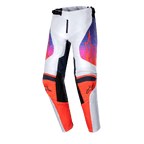 Alpinestars 2024 Youth Racer Hoen Pants, pantalones de motocross juveniles, gris claro, naranja vibrante y negro, con paneles de rodilla color naranja vibrante con logotipos negros y gráficos en los muslos con degradado de púrpura a naranja, diseño ergonómico precurvado para carreras fuera de carretera
