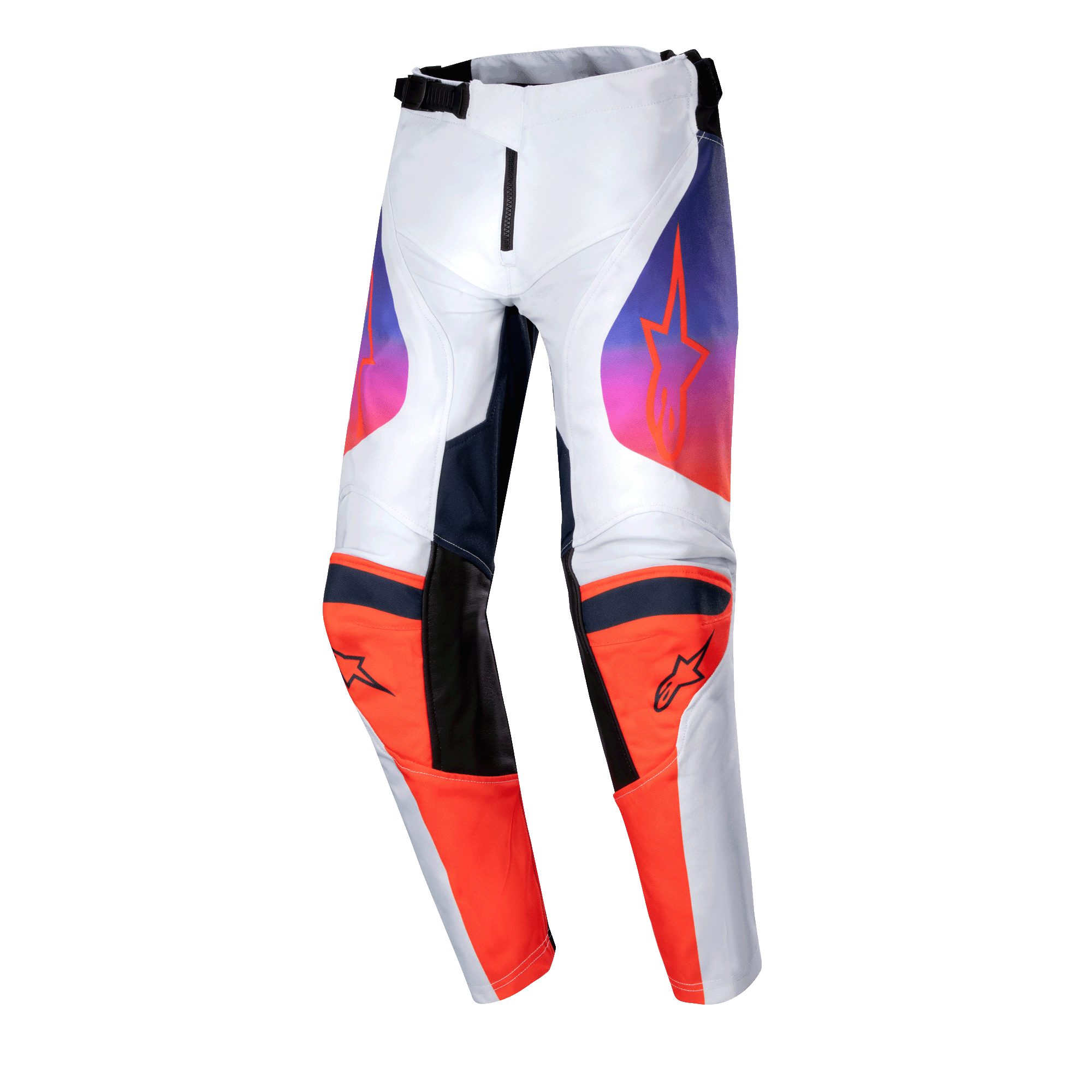 Alpinestars 2024 Youth Racer Hoen Pants, pantalones de motocross juveniles, gris claro, naranja vibrante y negro, con paneles de rodilla color naranja vibrante con logotipos negros y gráficos en los muslos con degradado de púrpura a naranja, diseño ergonómico precurvado para carreras fuera de carretera