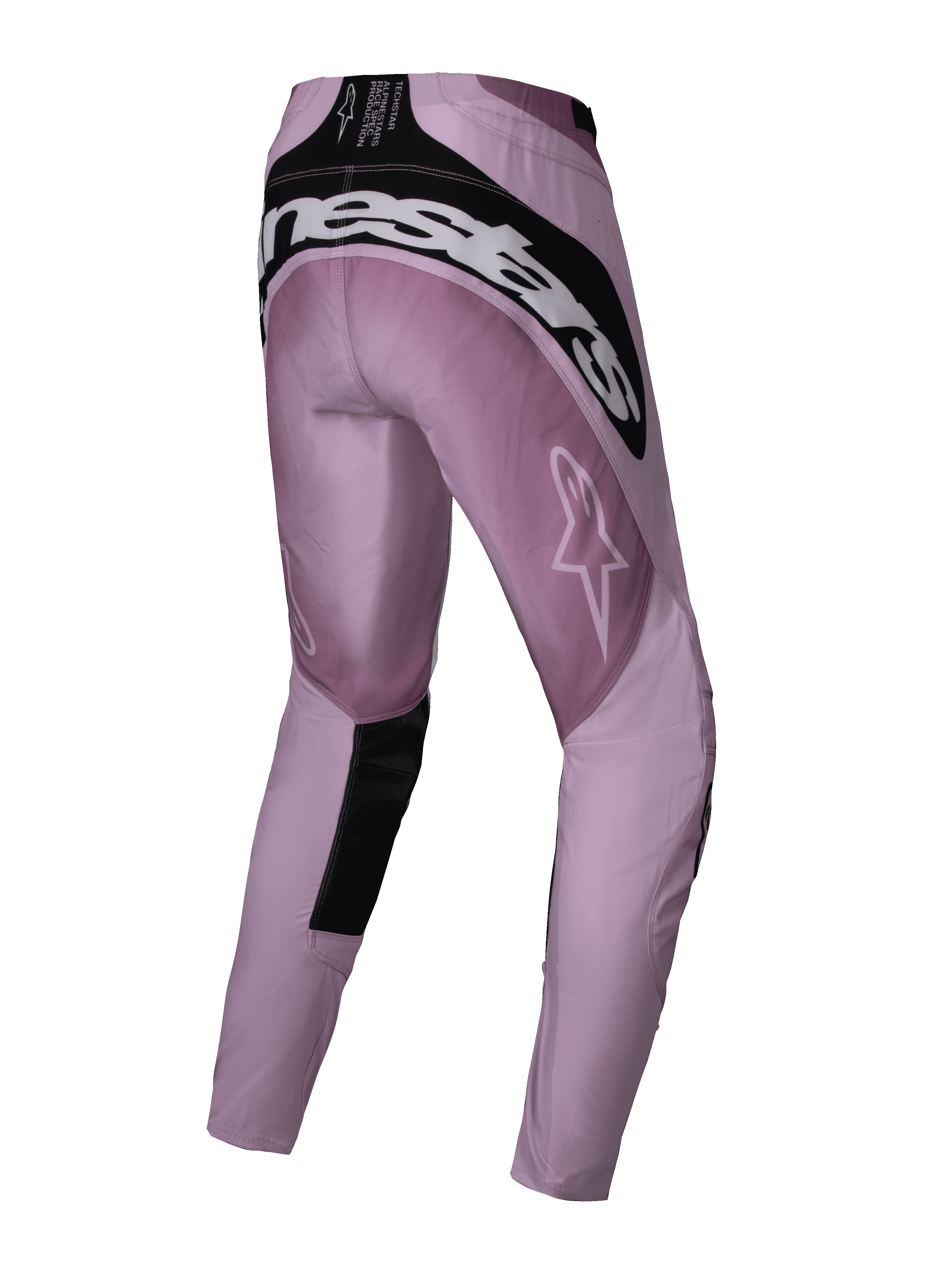 Alpinestars Stella Techstar Melt Pants 2025, pantalones de motocross para mujer, rosa y negro, vista trasera de tres cuartos que muestra la marca blanca de Alpinestars en la parte posterior, tejido antidesgarro rosa con detalles negros, diseñados para competición off-road de alto rendimiento