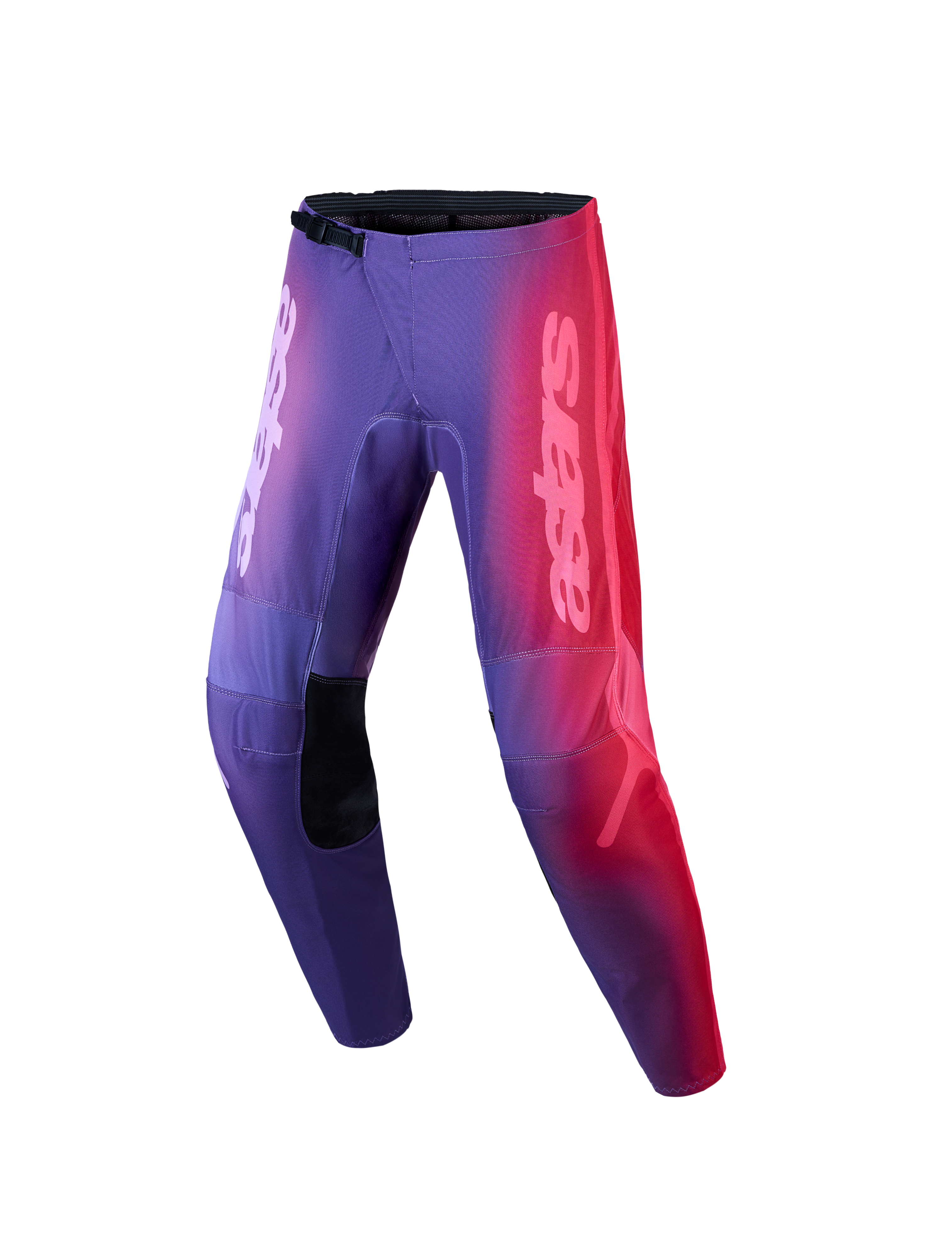 Alpinestars Stella Fluid Kepler, pantalones de motocross para mujer, morados y rojos, con piernas precurvadas.