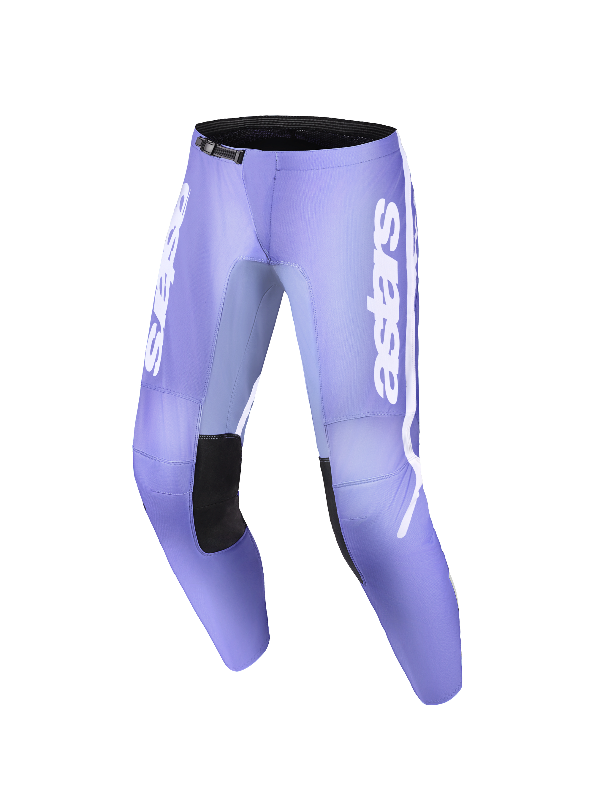 Alpinestars Stella Fluid Apex Pants 2026 para mujer, pantalones de motocross, violeta y blanco, con llamativa marca astars en blanco en las piernas, paneles interiores negros en las rodillas, diseño ergonómico precurvado con cierre de trinquete, ligeros y duraderos para conducción off-road