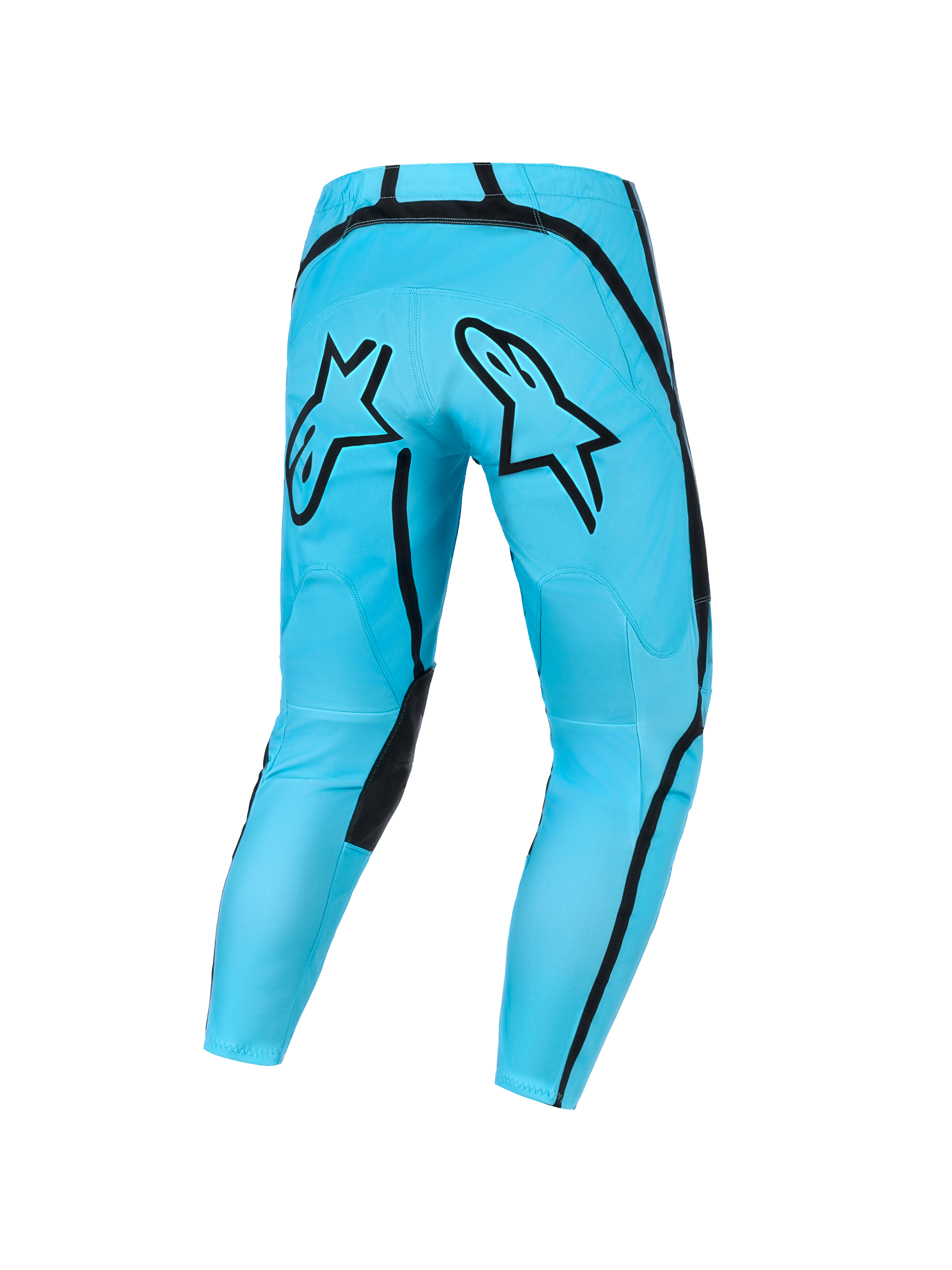 Alpinestars 2026 Stella Fluid Apex Pants para mujer, pantalones de motocross, azul cian con detalles negros, vista trasera que muestra un gran logotipo de Alpinestars en negro en el asiento, diseño deportivo para pilotos de off-road
