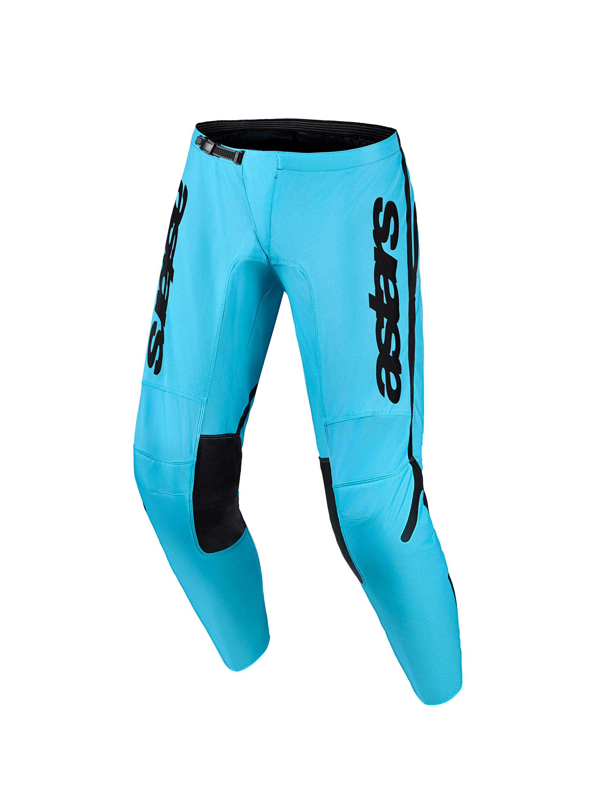 Alpinestars 2026 Stella Fluid Apex Pants, pantalones de motocross para mujer, azul cian brillante y negro, con llamativos logotipos negros en los muslos, paneles internos negros en las rodillas y cierre de trinquete en la cintura, diseño ergonómico para pilotos de off-road