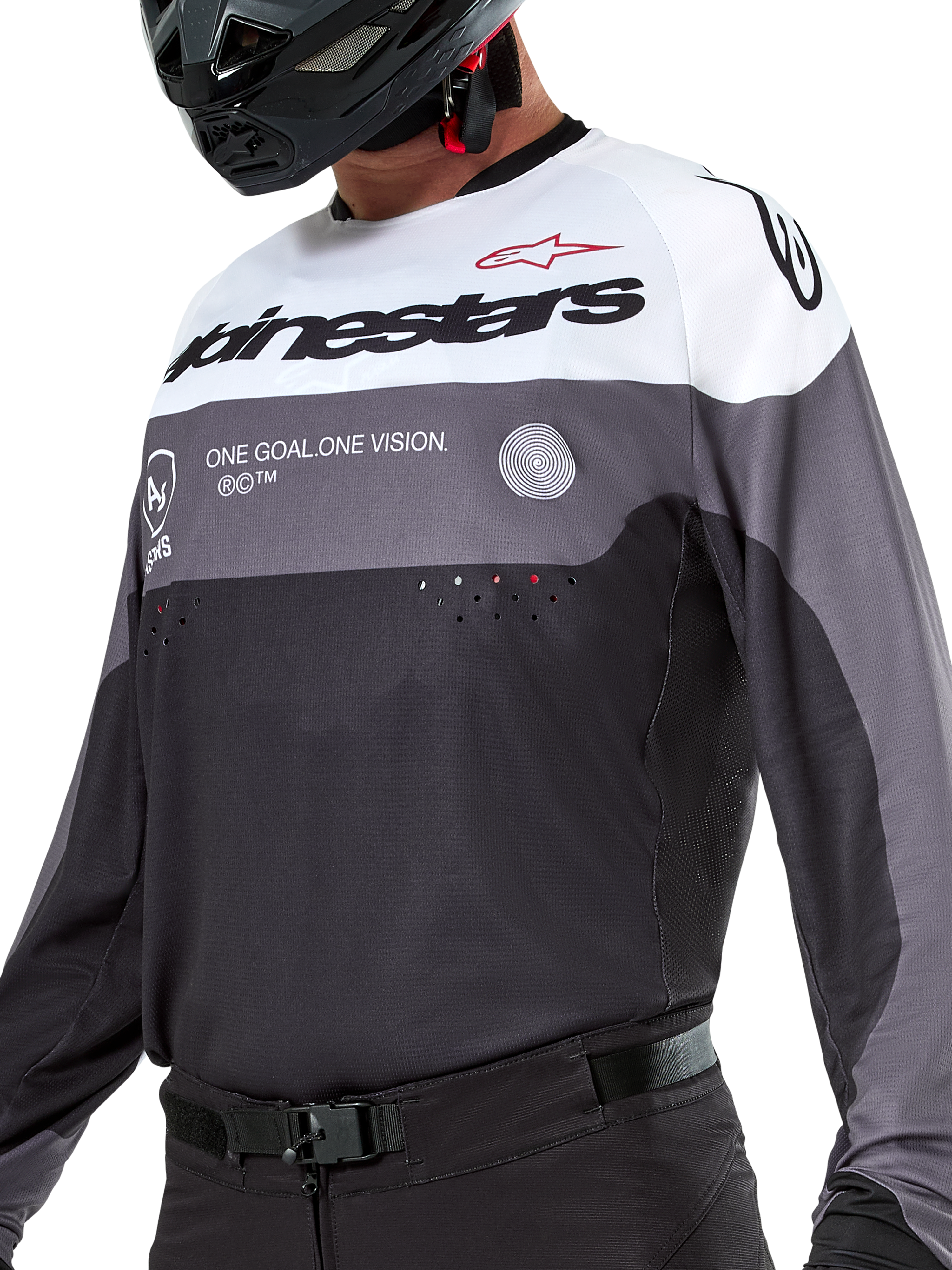 Alpinestars Pro-Dura Jersey, jersey de motocross y enduro, negro, gris magneto y blanco, ropa técnica off-road con perforaciones cortadas con láser y construcción de tejido de poliéster transpirable.