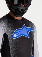 Alpinestars Supertech Hiten AFD, jersey de motocross para hombre, negro y azul, ventilaciones láser y gran logotipo frontal