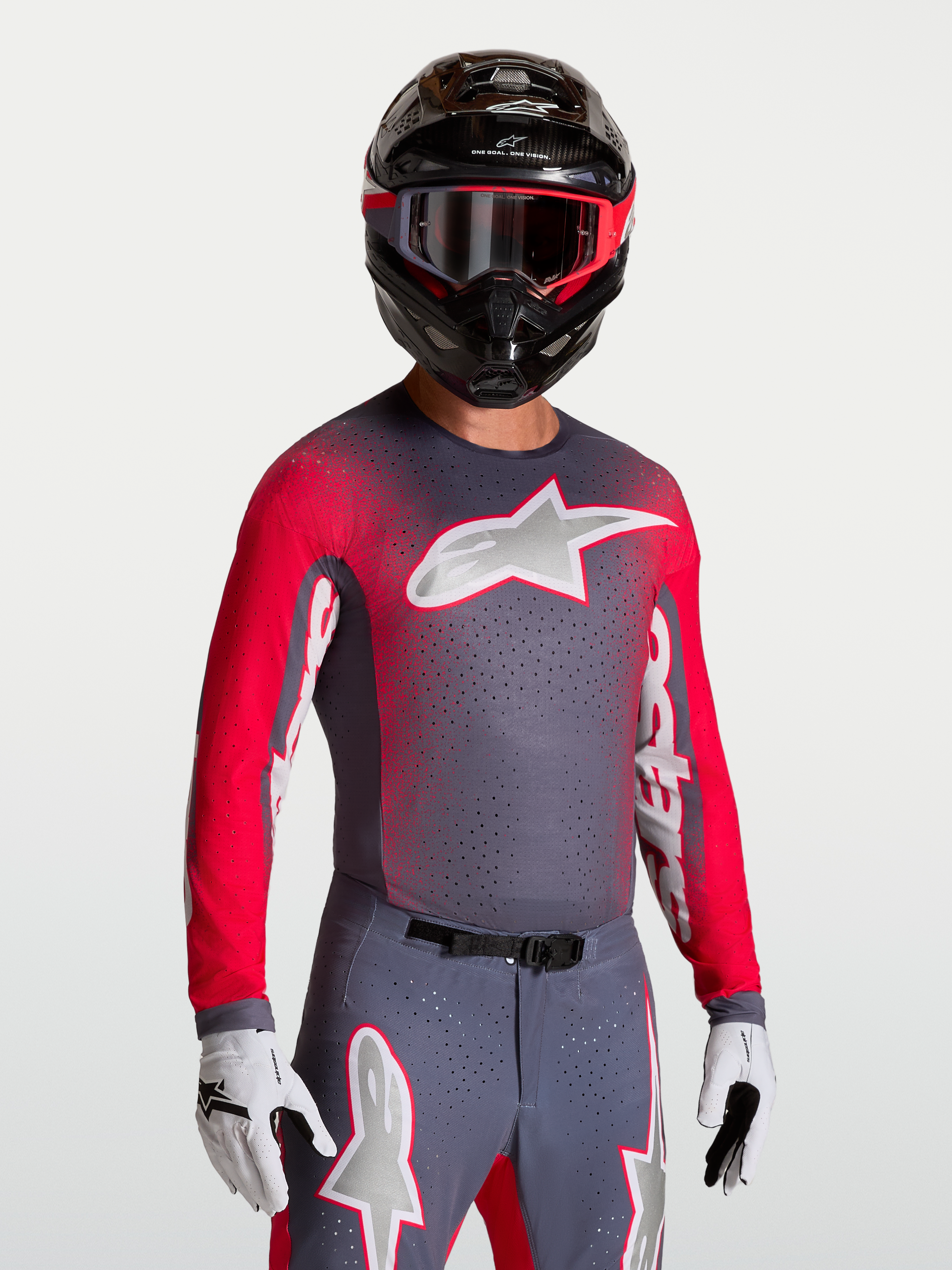 Jersey Alpinestars Supertech Hiten AFD de motocross para hombre, gris y rojo flúor, con malla ventilada transpirable