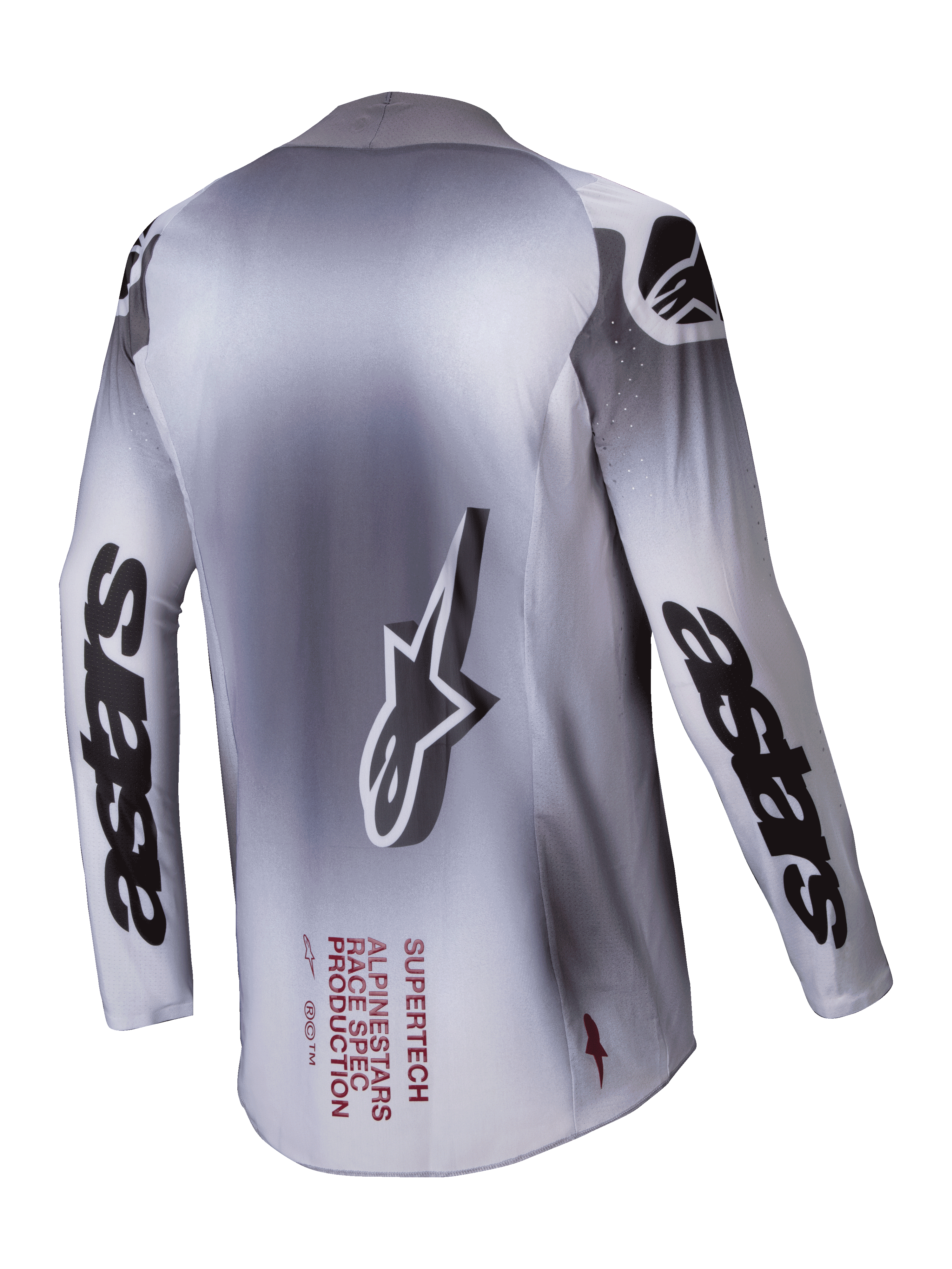 Alpinestars Jersey Supertech Maker 2025, jersey de motocross para hombre, plateado y negro, vista trasera con construcción de malla elástica y logotipos