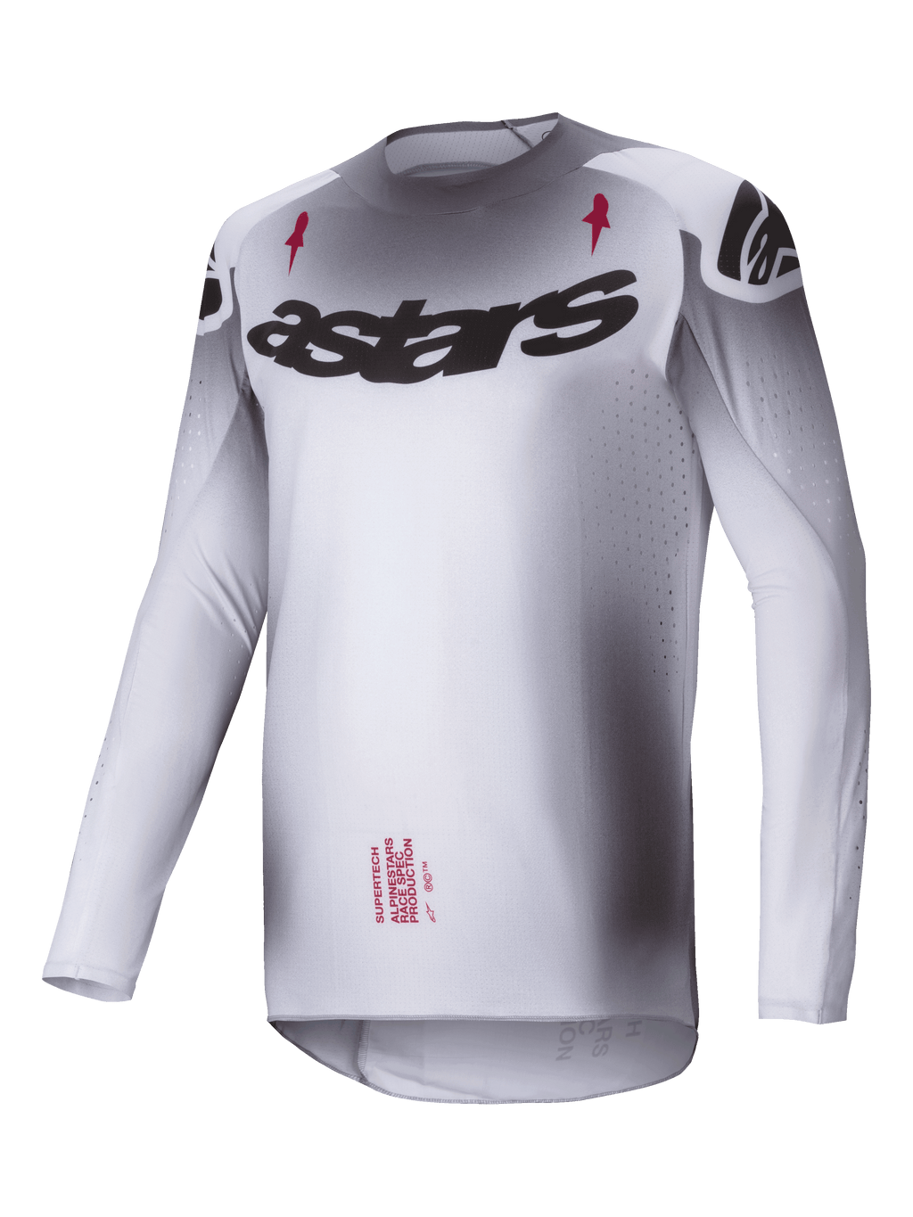 Alpinestars Supertech Maker 2025, jersey de motocross, plateado y negro, construcción de malla elástica ligera con ajuste de competición
