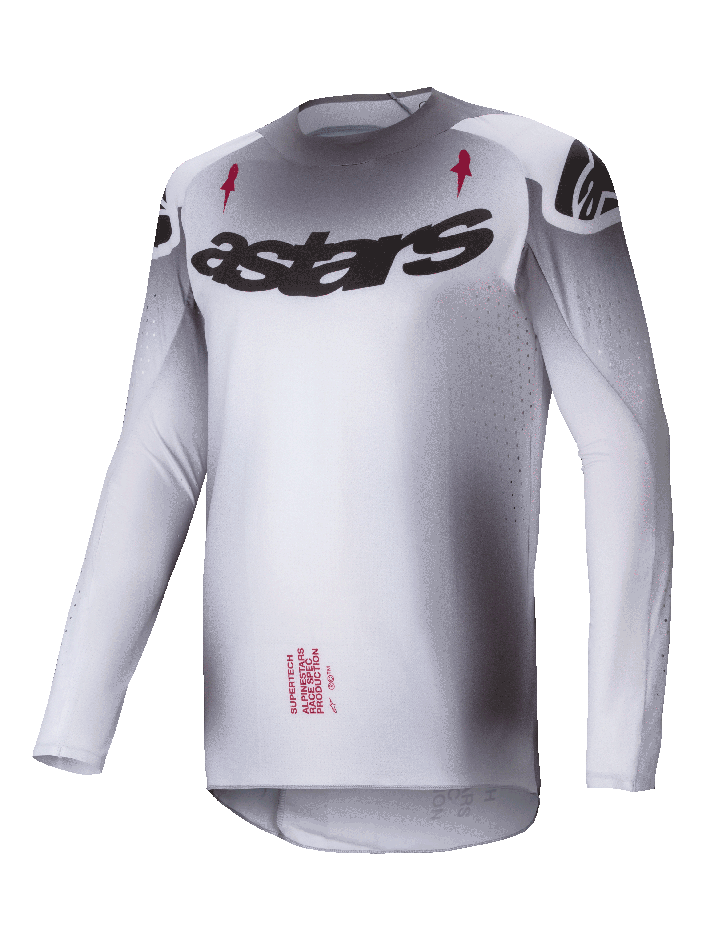 Alpinestars Supertech Maker 2025, jersey de motocross, plateado y negro, construcción de malla elástica ligera con ajuste de competición