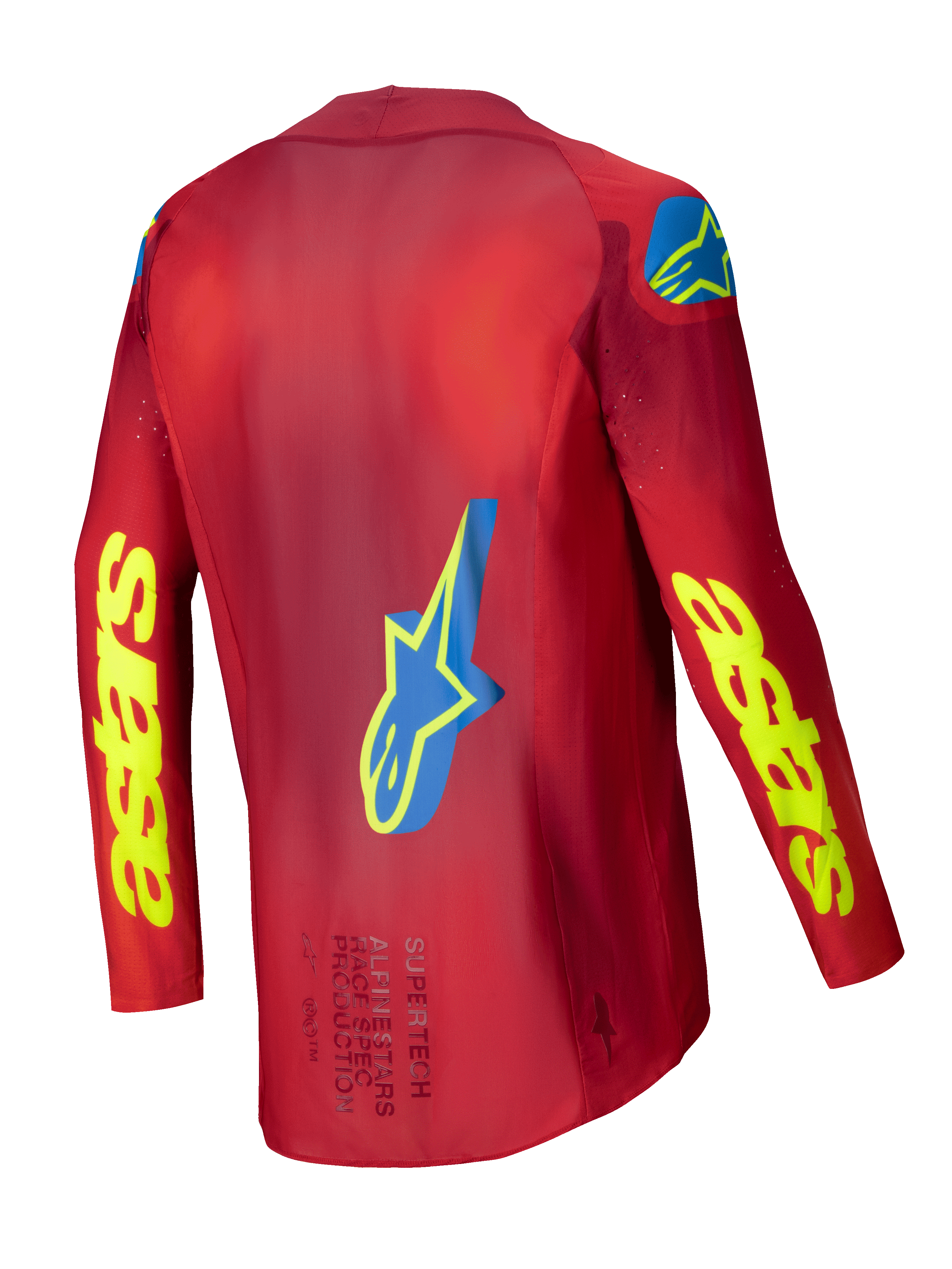 Alpinestars 2025 Supertech Maker Jersey, Motocross Racing Jersey, Men's, Bright Red and Yellow Fluo, back view showing stretch-mesh construction and graphic details