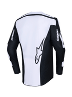 Alpinestars 2026 Racer Air Riway Jersey, jersey de motocross, negro y blanco, vista posterior que muestra un gran logo de estrella sobre un panel blanco, mangas negras con marca 'astars', tejido de malla perforada para el flujo de aire, equipamiento técnico de conducción off-road