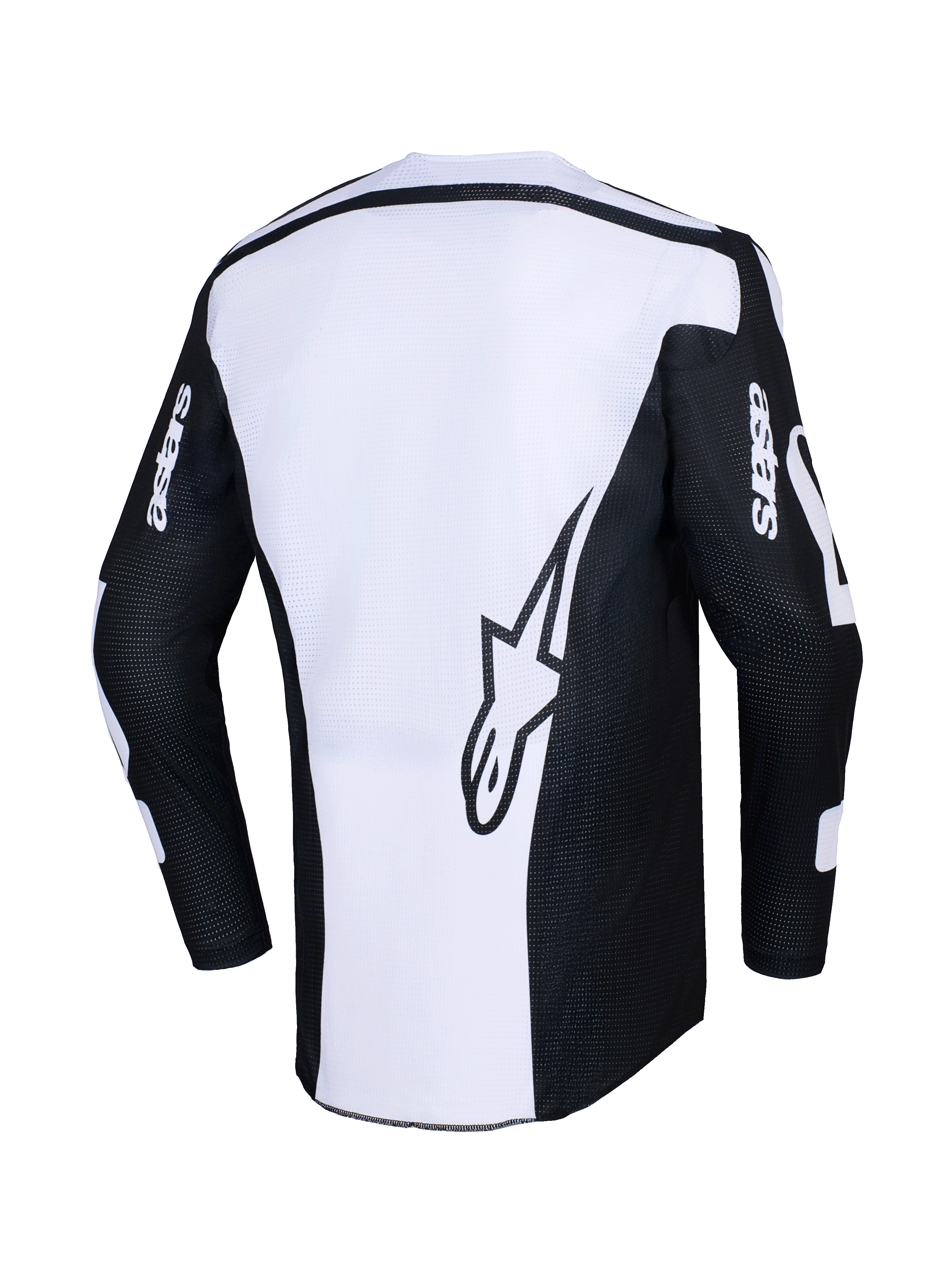 Alpinestars 2026 Racer Air Riway Jersey, jersey de motocross, negro y blanco, vista posterior que muestra un gran logo de estrella sobre un panel blanco, mangas negras con marca 'astars', tejido de malla perforada para el flujo de aire, equipamiento técnico de conducción off-road