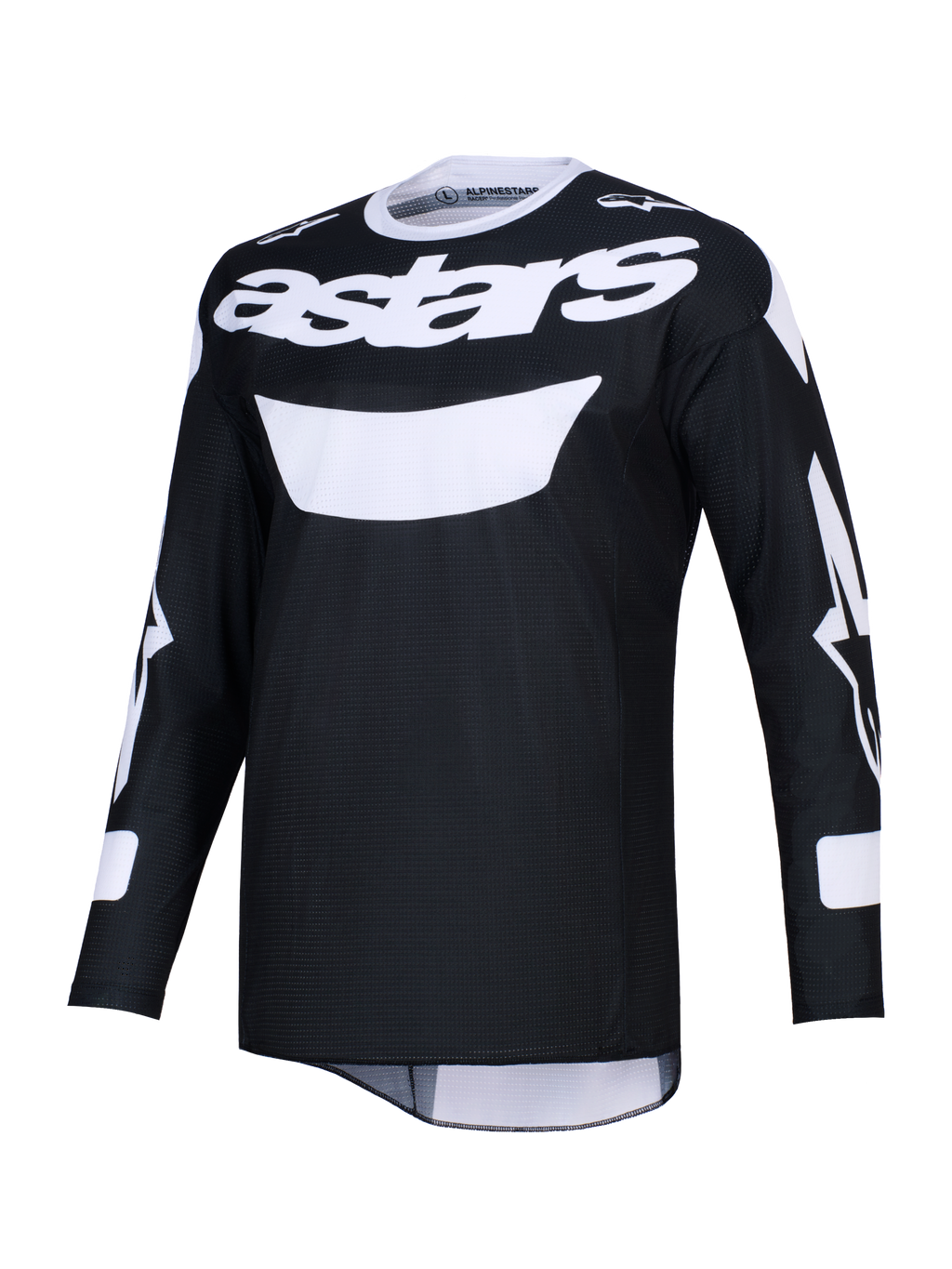 Alpinestars 2026 Racer Air Riway Jersey, jersey de motocross negro y blanco, con el llamativo logotipo astars blanco en el pecho, tejido de malla ligero para un alto flujo de aire, manga larga y ajuste atlético para rendimiento off-road.