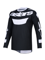 Alpinestars 2026 Racer Air Riway Jersey, jersey de motocross negro y blanco, con el llamativo logotipo astars blanco en el pecho, tejido de malla ligero para un alto flujo de aire, manga larga y ajuste atlético para rendimiento off-road.