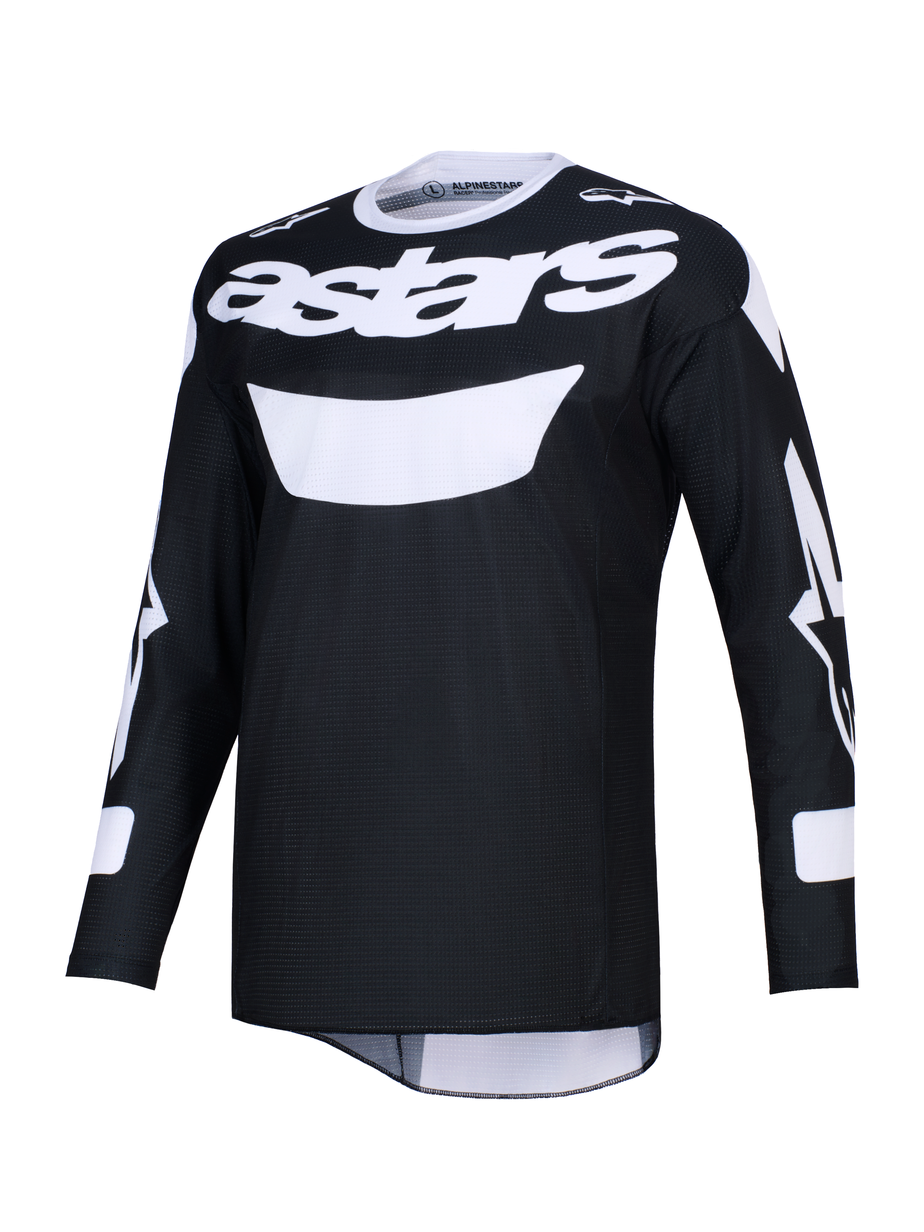 Alpinestars 2026 Racer Air Riway Jersey, jersey de motocross negro y blanco, con el llamativo logotipo astars blanco en el pecho, tejido de malla ligero para un alto flujo de aire, manga larga y ajuste atlético para rendimiento off-road.