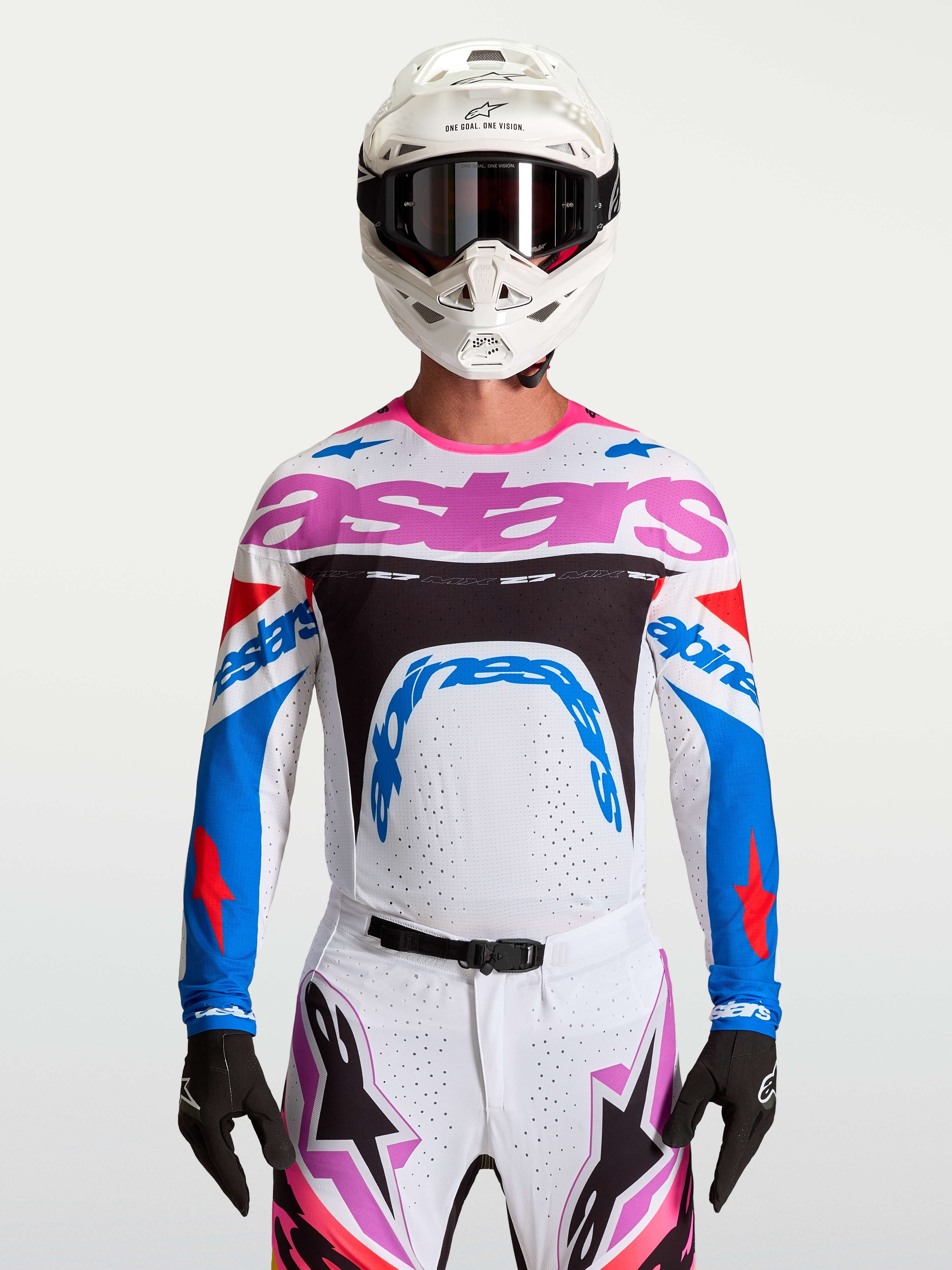 Jersey Alpinestars Supertech Dyna, jersey de motocross para hombre, blanco, azul y rosa, malla elástica ligera y transpirable
